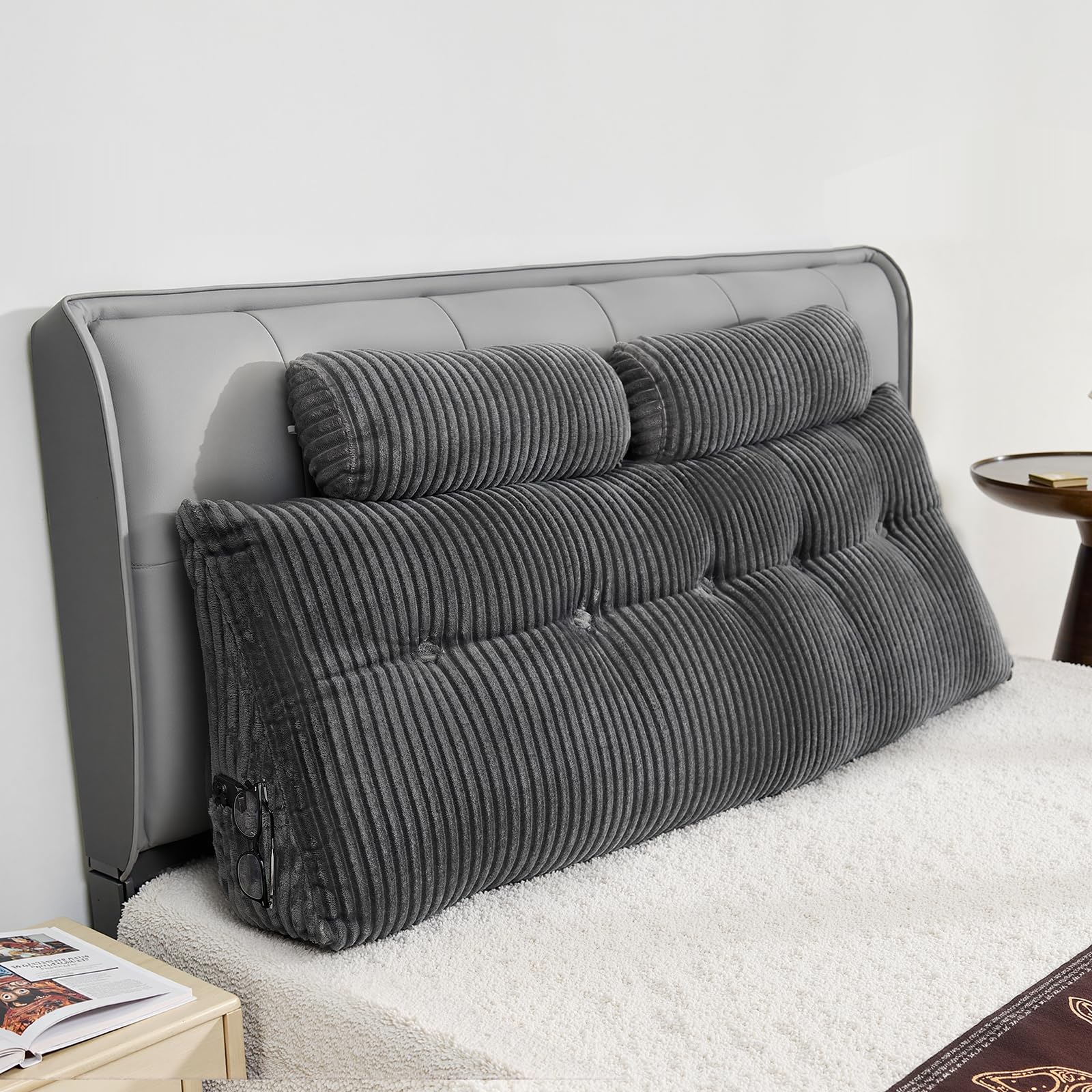 VEVOR Cuscino per Testiera, Cuscino a Cuneo Queen Size da Letto con 2 Tasche Laterali 2 Poggiatesta, Supporto a Cuneo per Letto Tessuto di Flanella Lavabile, Supporto Lombare per Leggere, Riposare