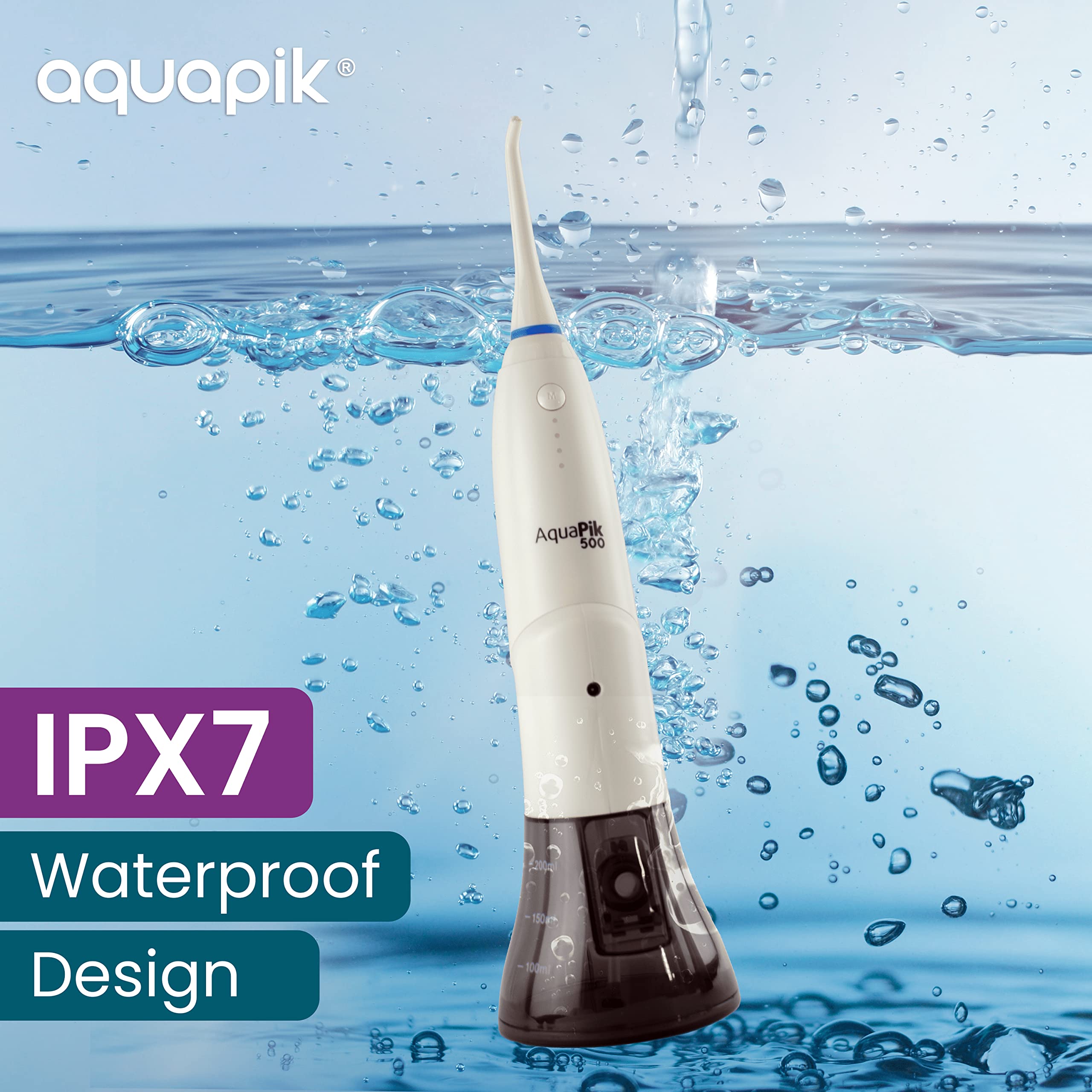 Aquapik 500, Irrigador Bucal Portátil con Diseño Único Deformable Tanque de Agua removible. Irrigador Dental Recargable para Viajes y Oficina.6 boquillas, 4 modos, Impermeable IPX7 (Blanco)