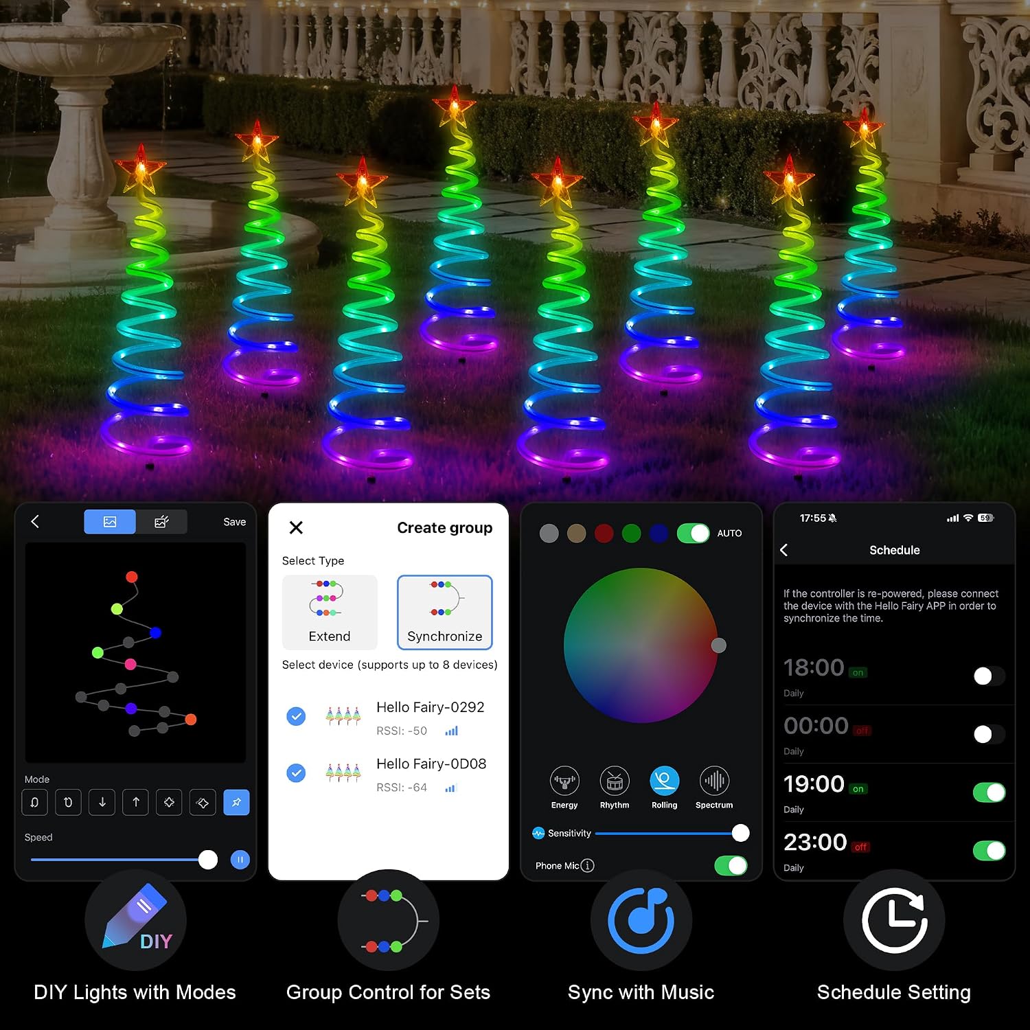 Ryhpez Christmas Pathway Lights Outdoor, 8 Pack Smart Spiral Christmas Tree Lights with APP & Remote Control, Waterproof Walkway Landscape RGB Color Changing Lights for Yard Garden Xmas Decor 2FT