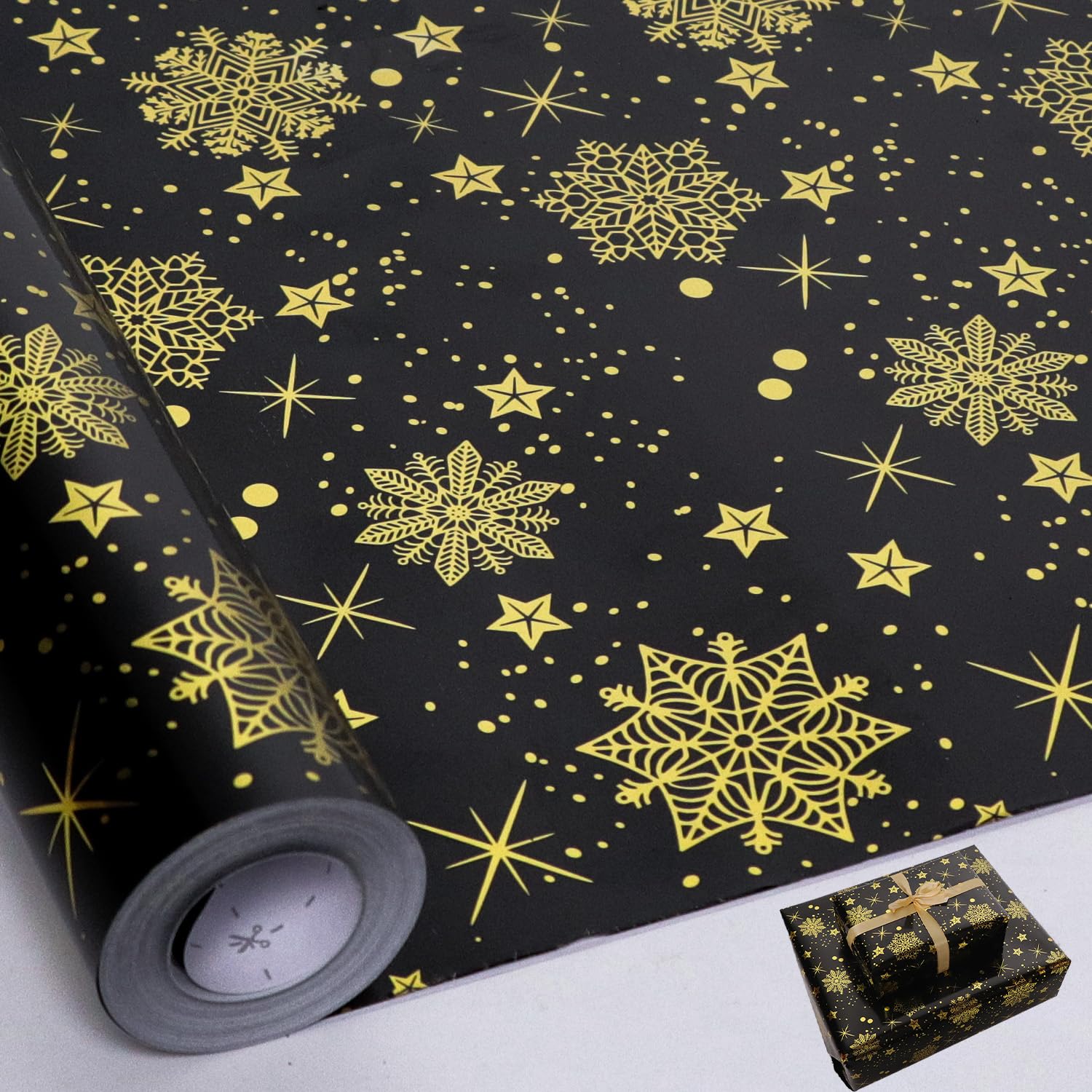 Christmas Wrapping Paper Roll,43cm x 10m Xmas Gift Wrapping Paper,Metallic Gift Wrap Paper with Snowflake Pattens for Christmas,Party,Festive Decorations (black gold) โ image 1