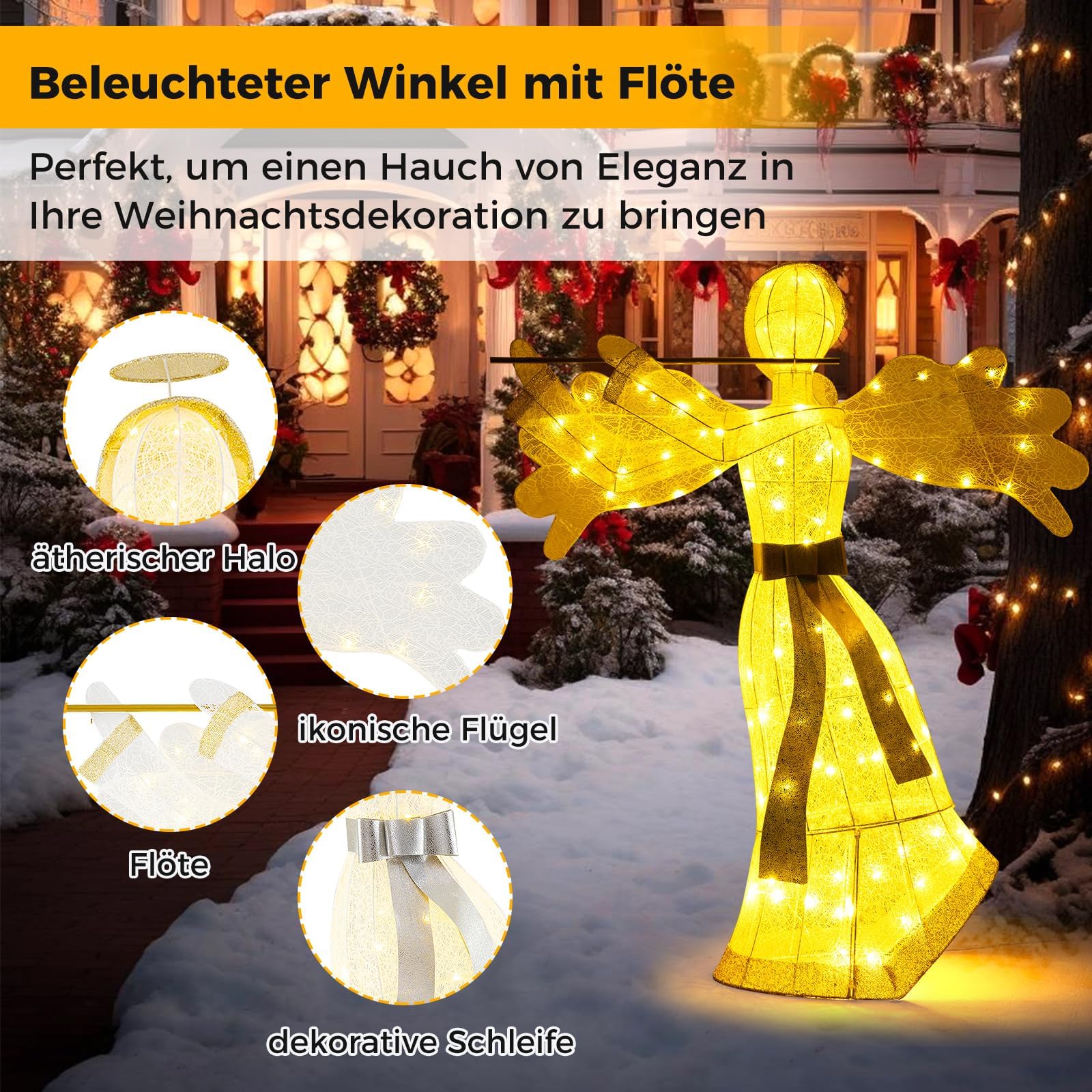 COSTWAY Weihnachtsengel beleuchtet groß, 150 cm Weihnachtsdeko mit 100 warmweißen LED-Lichtern, Weihnachtsfigur, Weihnachtsdekoration, Weihnachtsbeleuchtung für außen und innen