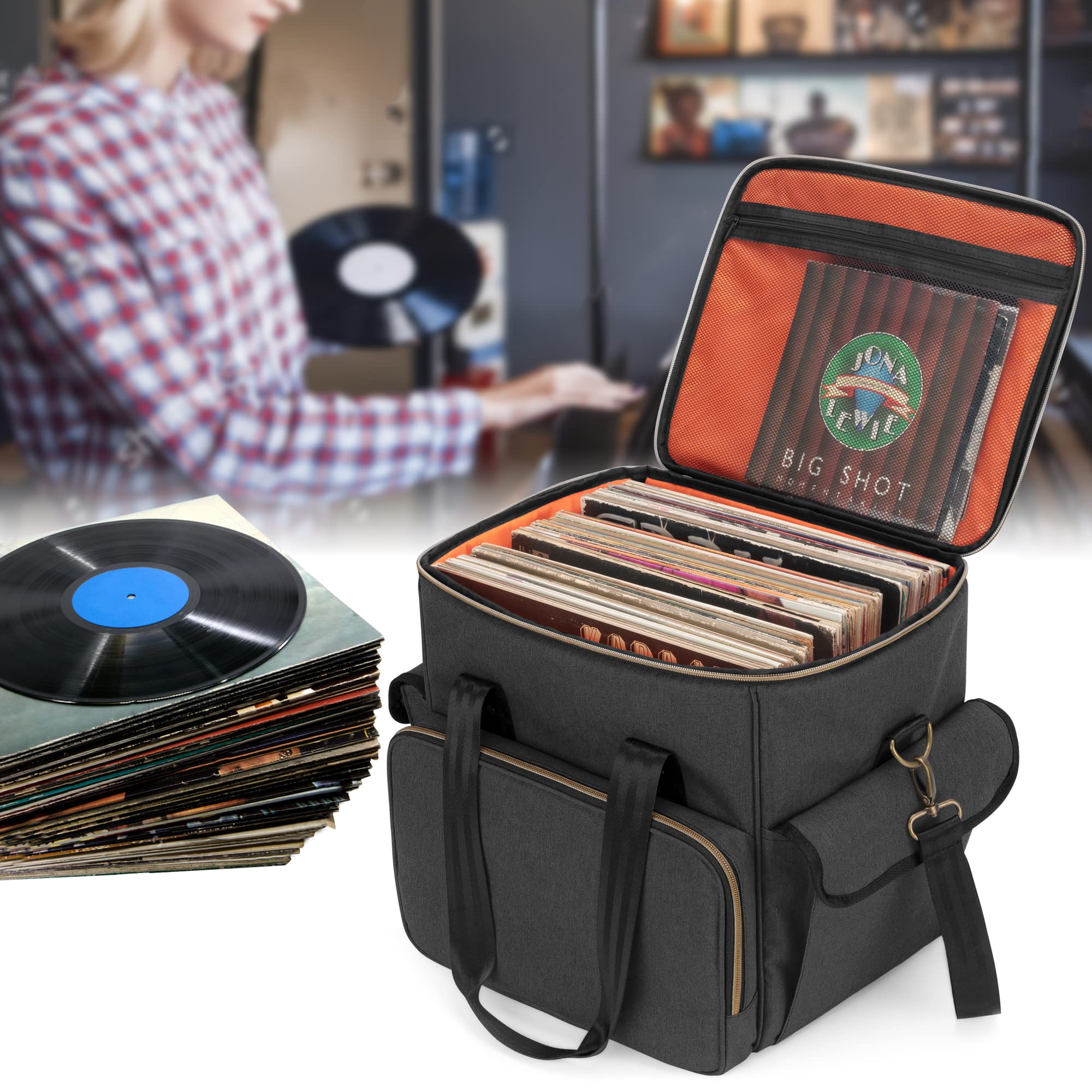 Trunab Borsa per Dischi Vinile in Nylon Impermeabile Leggera Robusta di Grande Capacità - Compatibile con 60 LP, Ideale per Trasportare Vinili con Tracolla e Maniglia