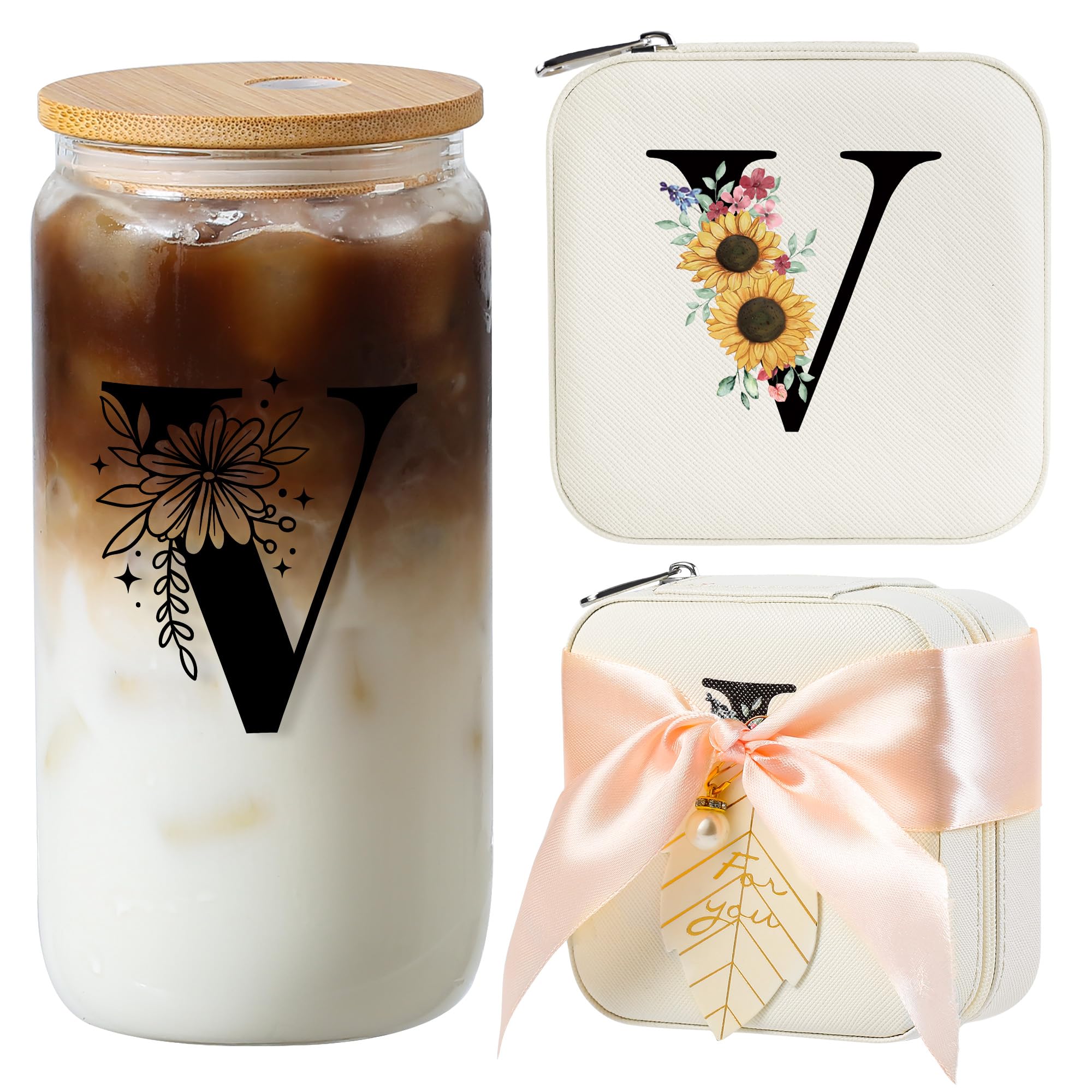 AYGXU Initial glass cups with lids and straws,Small Jewelry Box for Girls,Small Jewelry Organizer Box,Cute Tumbler Cup,Travel Gifts for Women,Travel Essentials, Initial V white