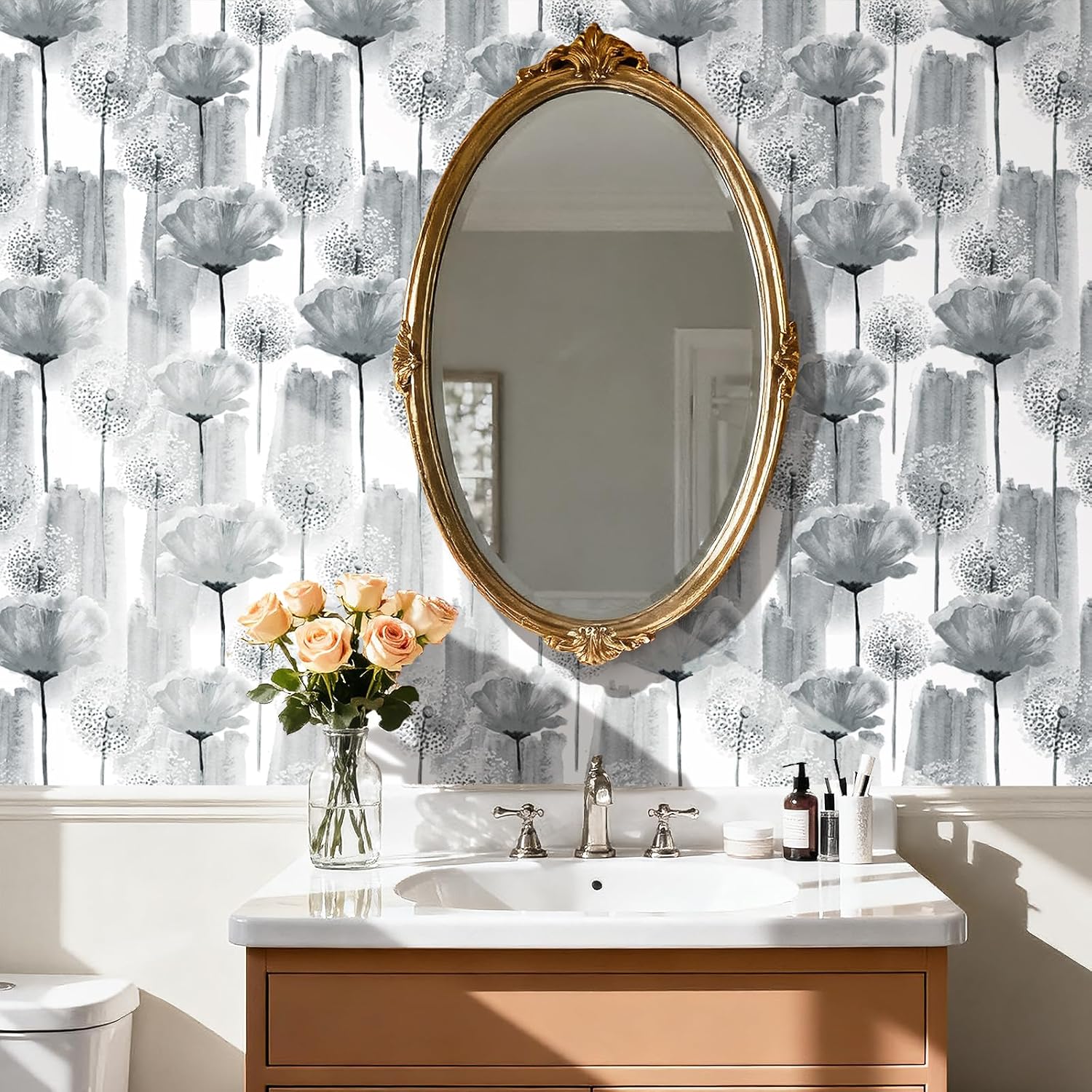 17.5"×160" Grey Peel and Stick Wallpaper Grey Dandelion Wallpaper for Bathroom Removable Botanical Wall Paper Mural Decorative Stick and Peel Contact Paper for Cabinets Drawers
