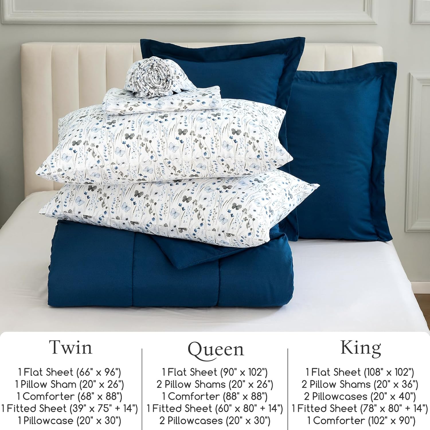 ARTALL Twin Bed in a Bag 5 Pieces, Navy Blue Solid Comforter with Ink Wash Butterfly Floral Sheet Set, Soft Reversible Bedding Sets with Comforter, Sheets, Pillowcase & Sham for All Seasons