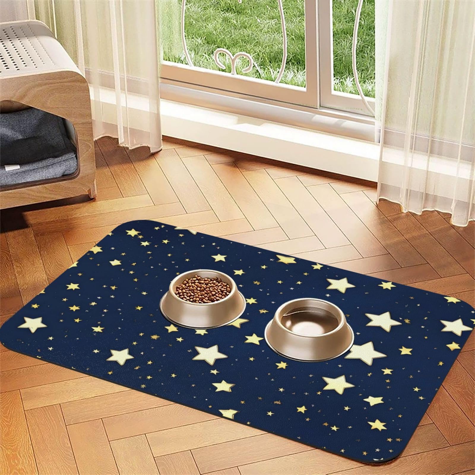 Tapis de gamelle pour chiens et chats imprimé ciel bleu marine, idéal pour une cuisine propre