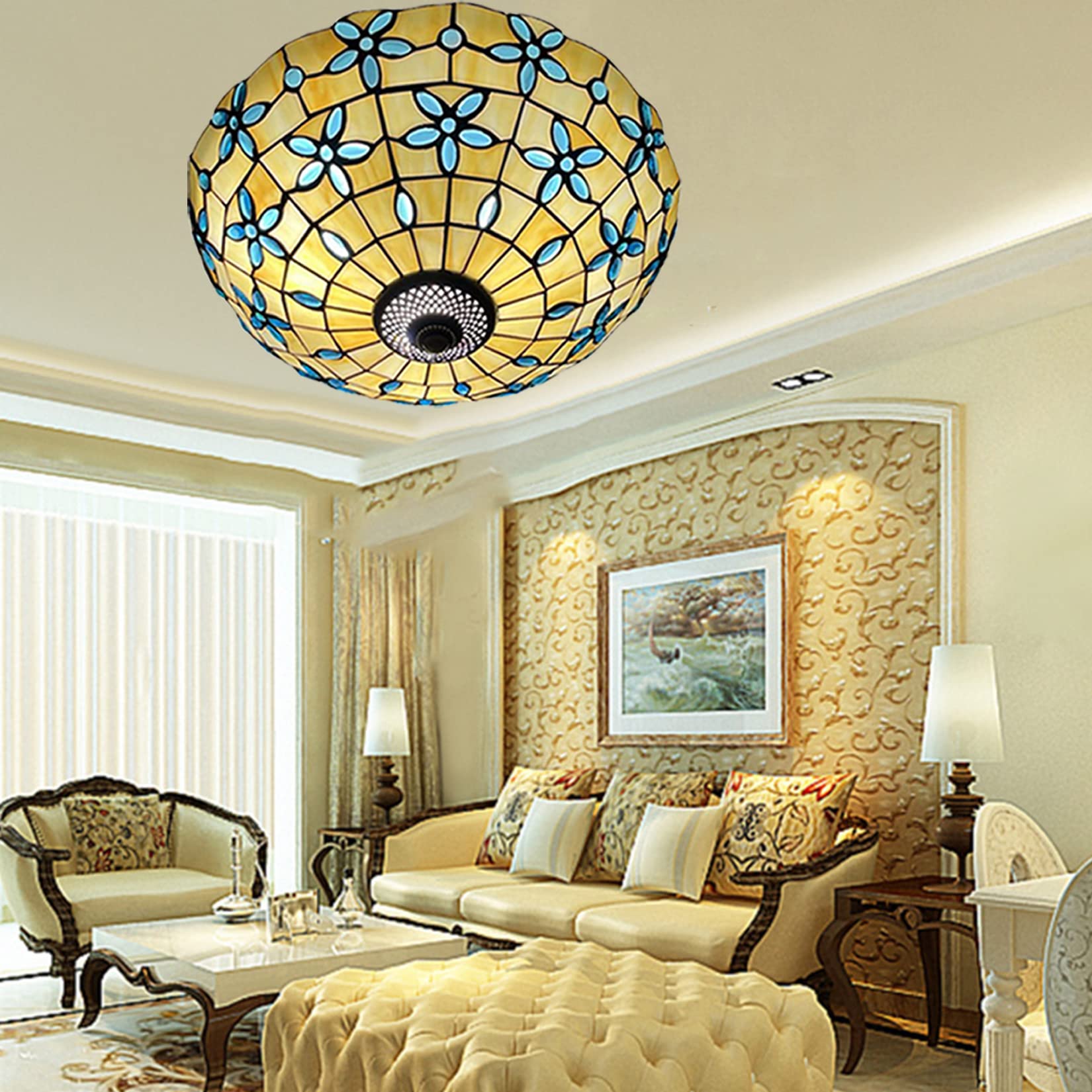 Aioneer Tiffany Ceiling Lights,Stained Glass Ceiling Light,Tiffany Flush Mount Ceiling Light For Bedroom Dining Living Room Entryway Foyer Hallway Kitchen,Mediterranean Ceiling L-Blue 2-21in