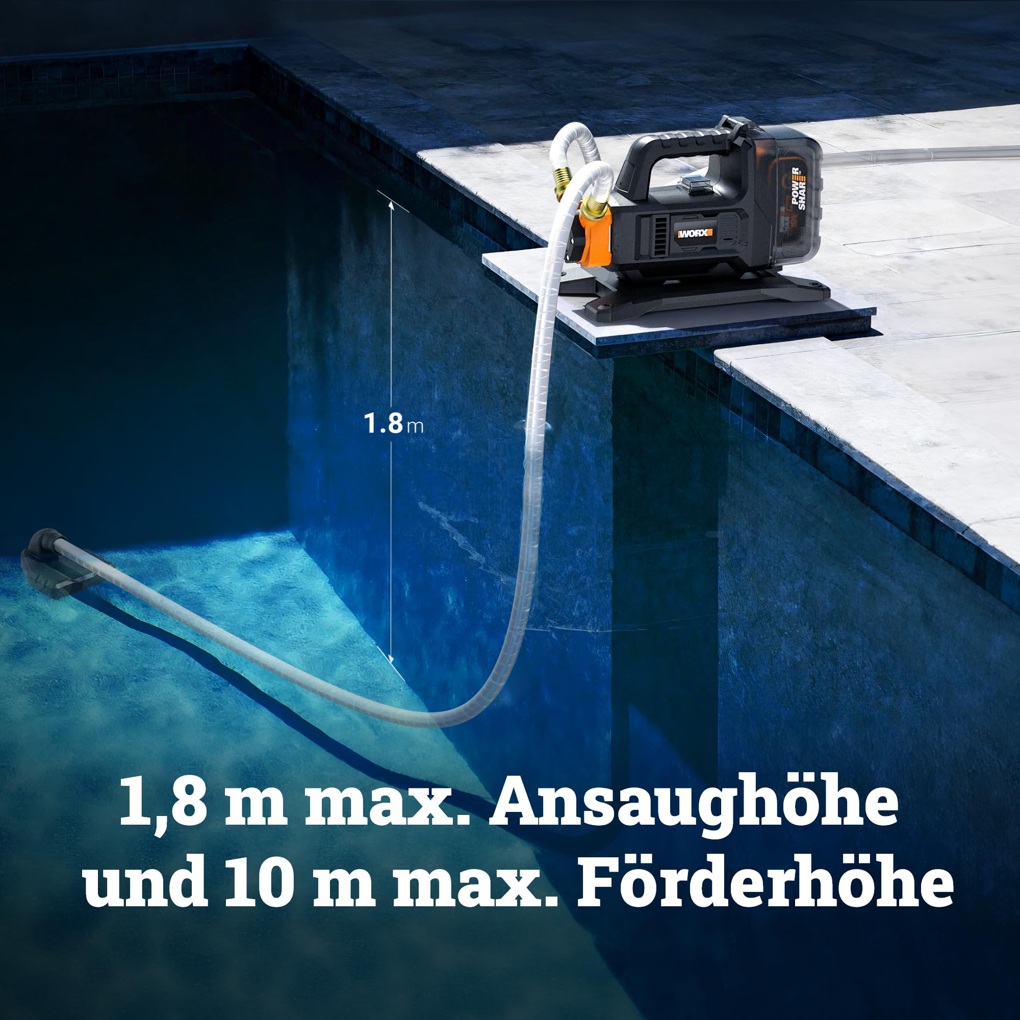 WORX WG830E, Akku-Transferpumpe 20V, inkl. Akku & Ladegerät, PowerShare | Wasserpumpe mit 1300 L/h Förderleistung und 10 m Förderhöhe