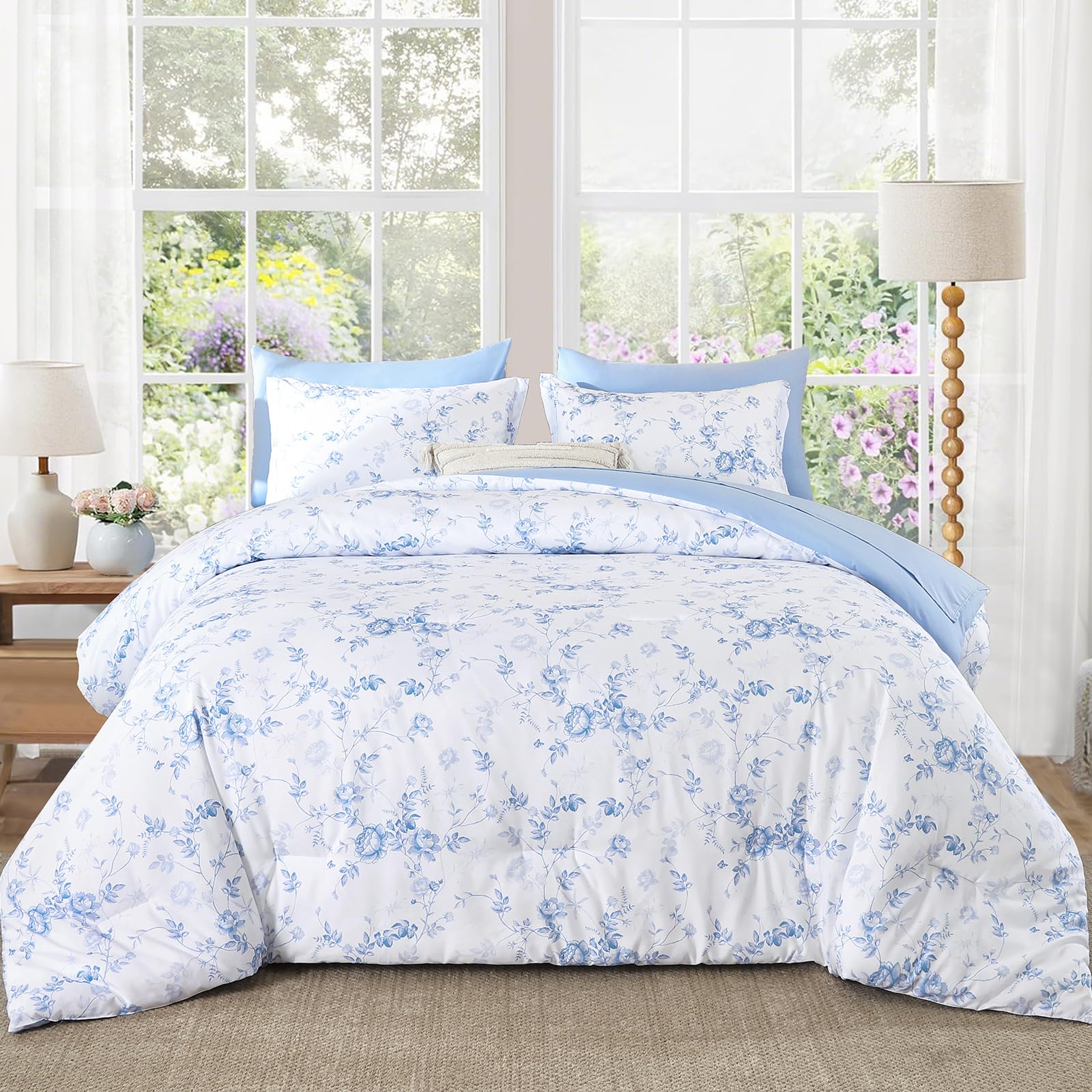 Luxudecor Set Biancheria Letto King Size 7 Pezzi Blu Navy - Motivo Floreale, Microfibra Morbida, Lenzuola Con Angoli