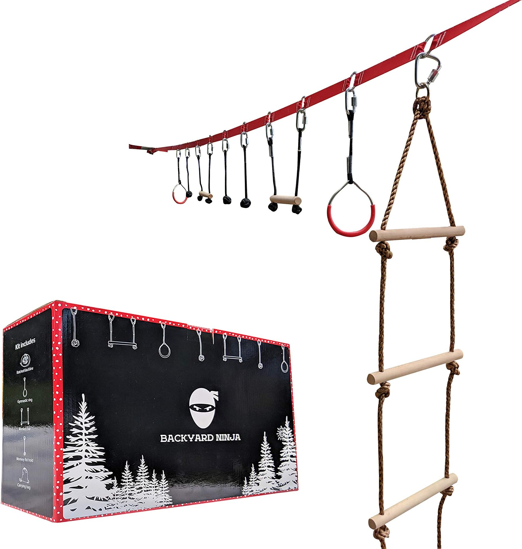 Backyard Ninja Backyard 45 Foot Ninja Obstacle Course | Inspired by American Ninja Warrior Training Equipment | Slackline Swinging Monkey Bars Includes 9 Hanging Obstacles for Kids with Ladder