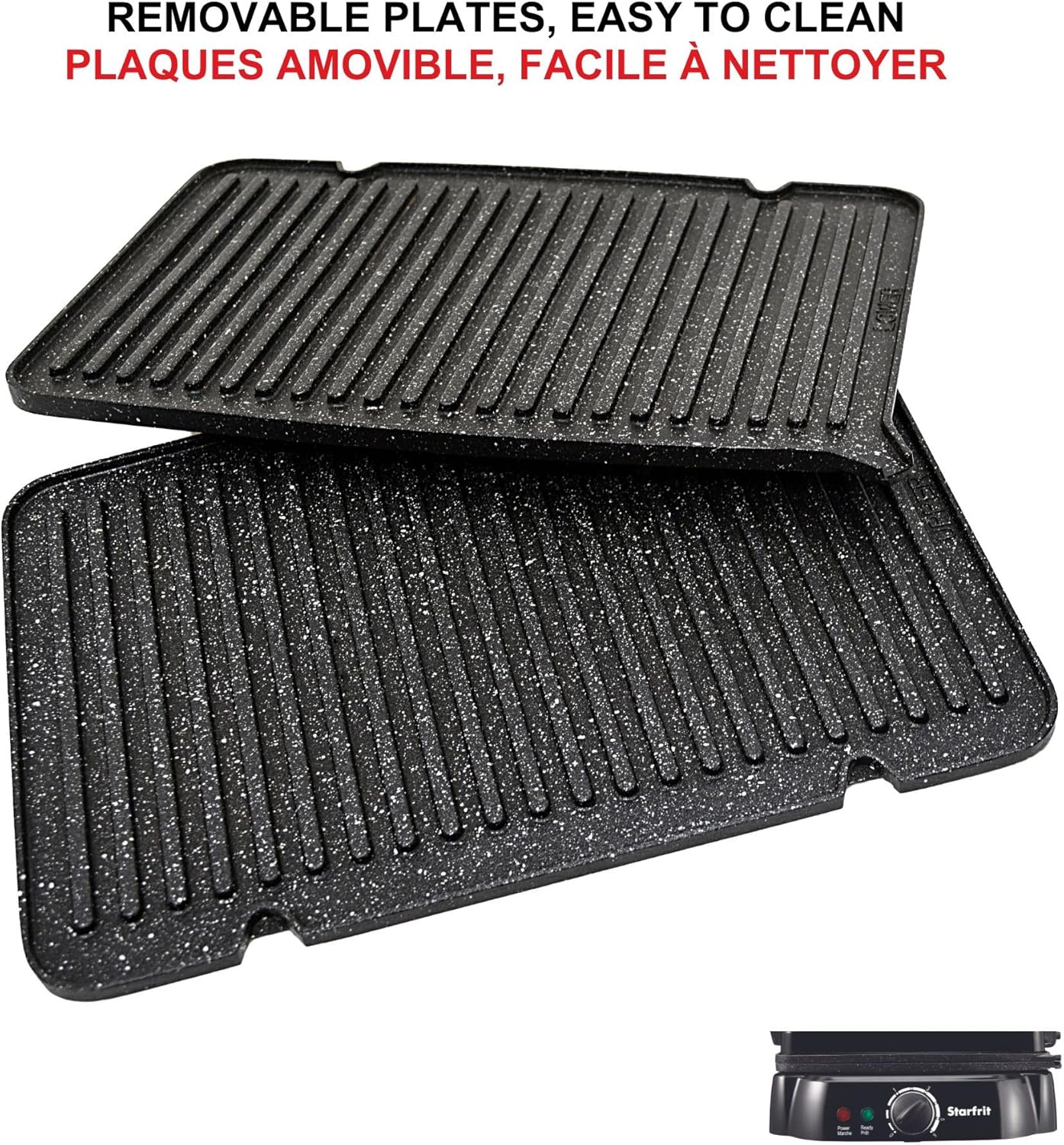Close-up of two removable grill plates from Starfrit The Rock grill
