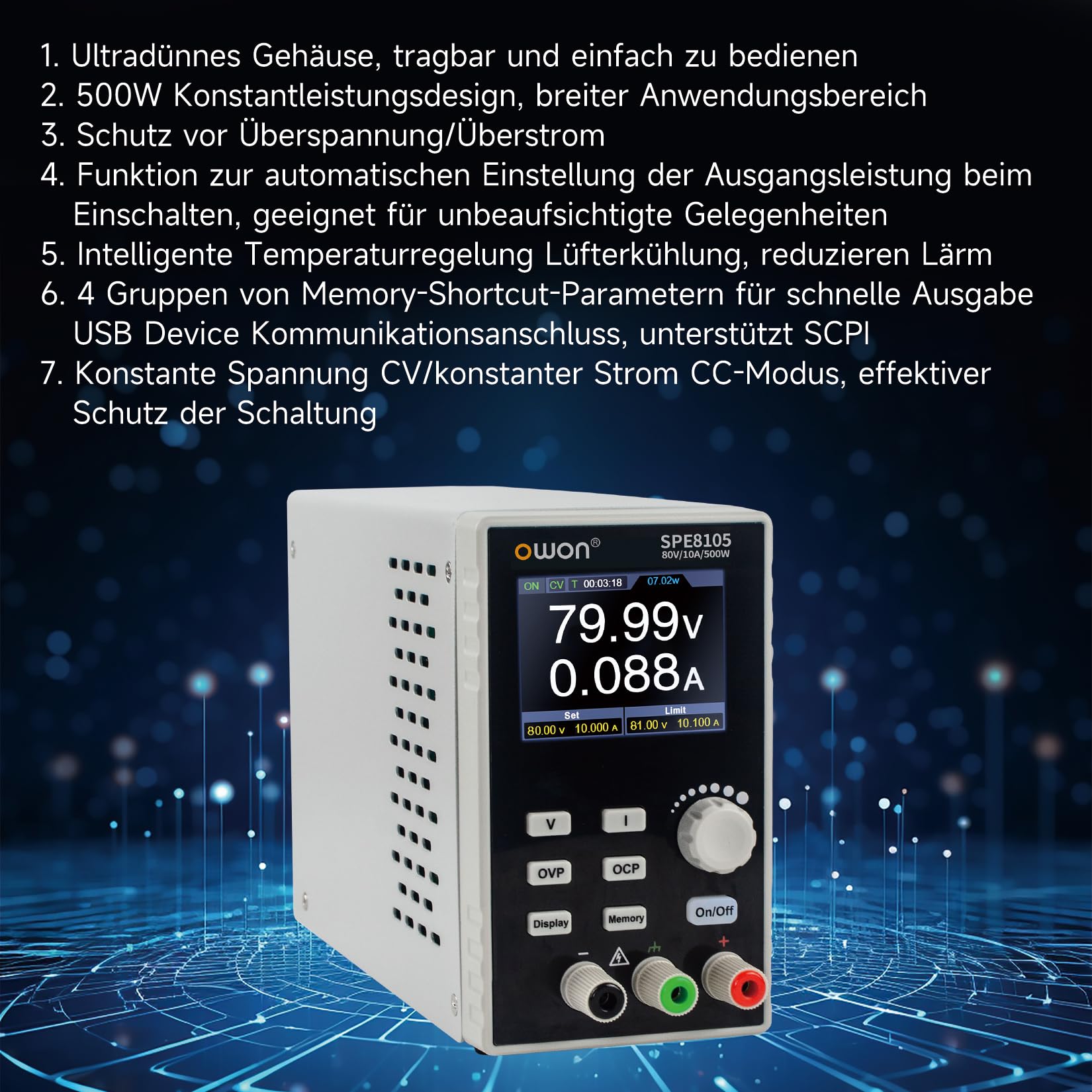 OWON Labornetzteil (0–80 V, 0–10 A), programmierbares DC-Netzteil mit max. 500 W Ausgangsleistung, 2,8-Zoll-LCD-Display und Ausgangs-Aktivierungs-/Deaktivierungstaste SPE8105