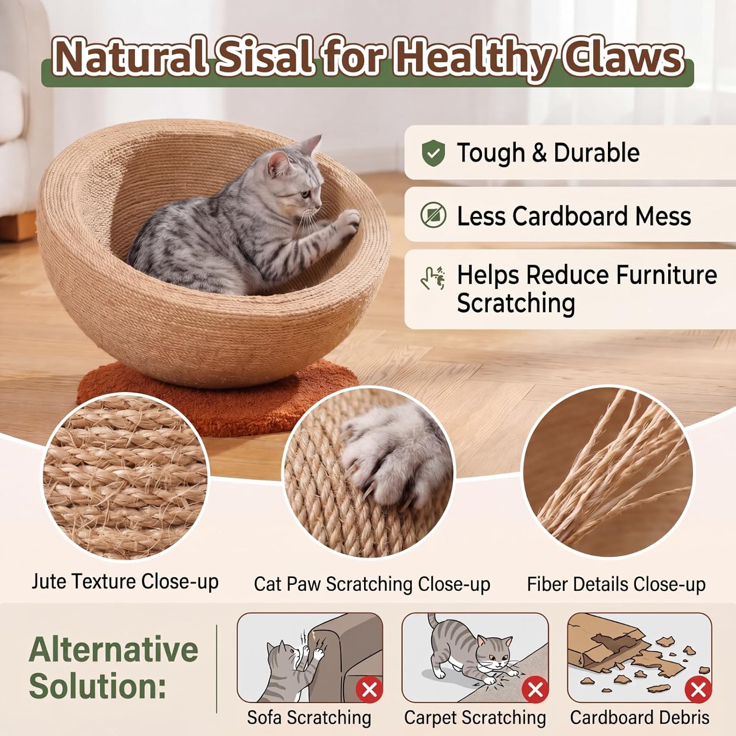 Novabright 2-in-1 Cat Scratcher Bed for Indoor Cats, Sisal Cat Scratching Furniture & Lounger with Solid Wood Base, 15 x 15 x 7.9 Inch Modern Pet Nest Bowl, Stylish Pet Furniture for Home Decor