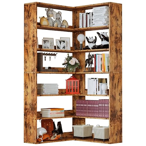 IRONCK Corner Bookshelf 6-Tier L-Shaped Industrial Corner Bookcase with Side Baffles, Large Storage Display Shelf for Living Room, Home Office - Vintage Brown