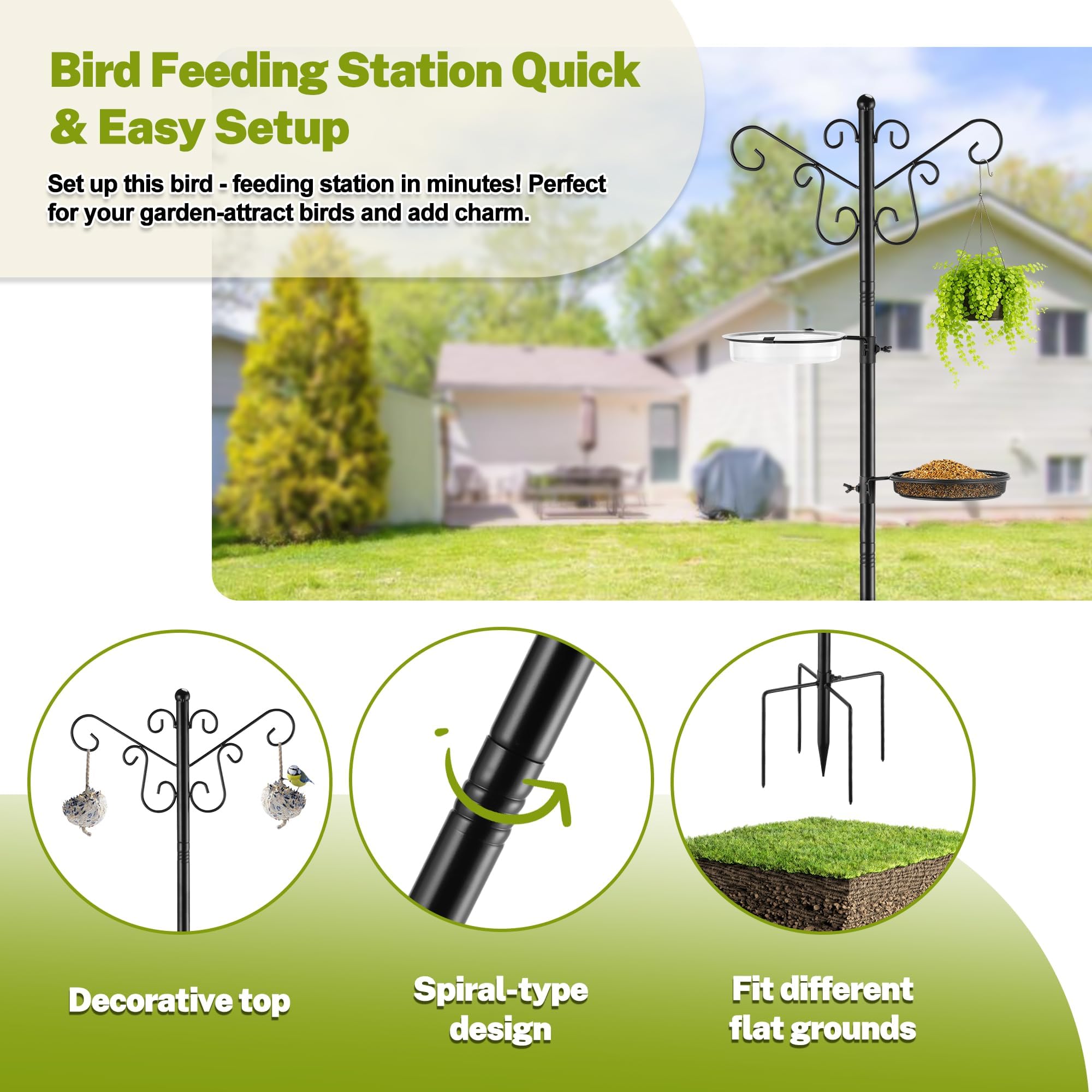 MIXXIDEA Estación de alimentación para pájaros, poste de comedero para pájaros con base de 5 puntas, ganchos para colgar, bandeja de malla para baño de agua, cuenco de agua resistente al viento con
