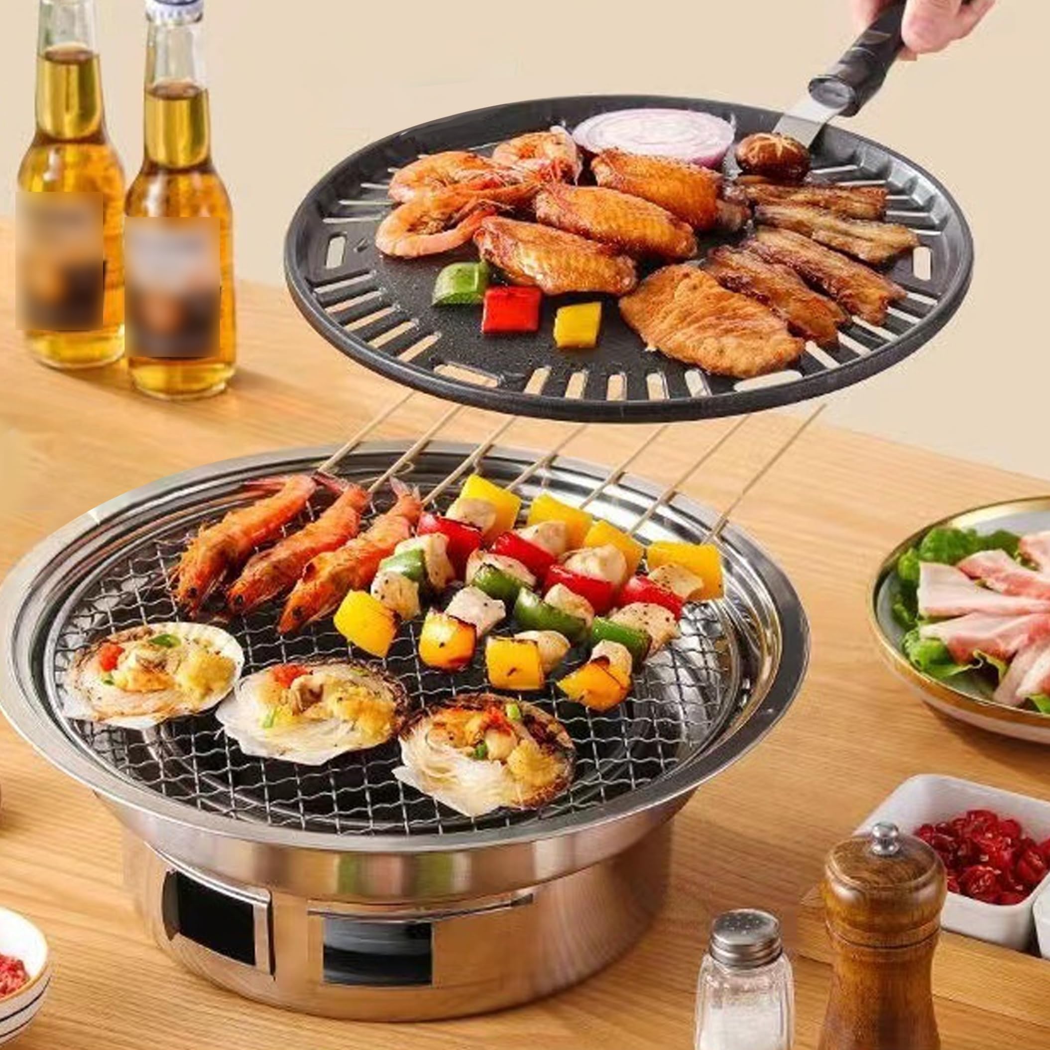 Barbecue Coreano Portatile, Barbecue a Carbone con Padella Antiaderente e Rete per Uso Interno ed Esterno, Coreano, a Carbone Portatile, Padella Antiaderente e Rete, Piccolo per
