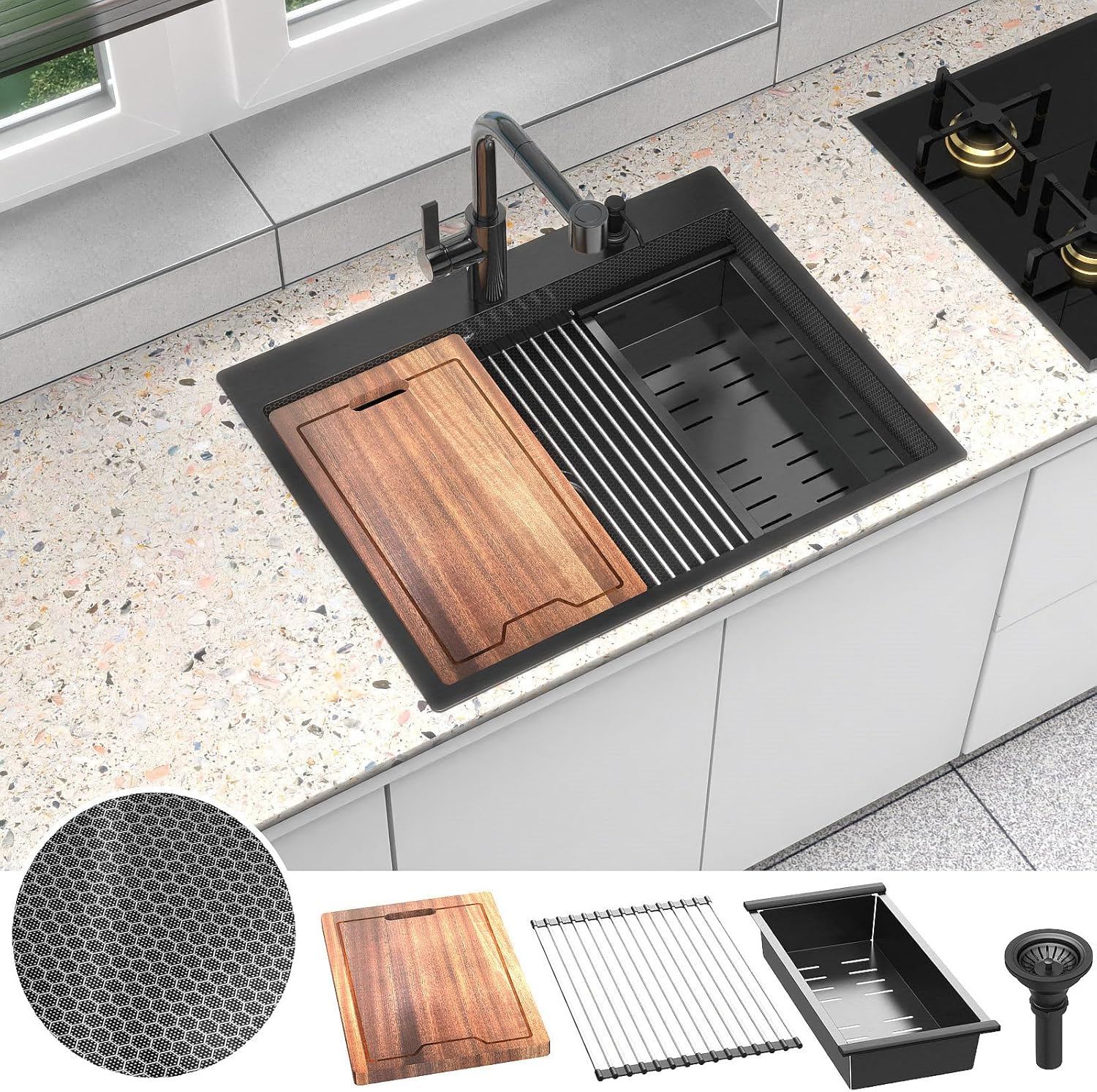 28inch Black Kitchen Sink Drop In - Feibus 28x22x10 with Double Step Workstation Sink 16 Gauge Honeycomb Embossment Stainless Steel Single Bowl