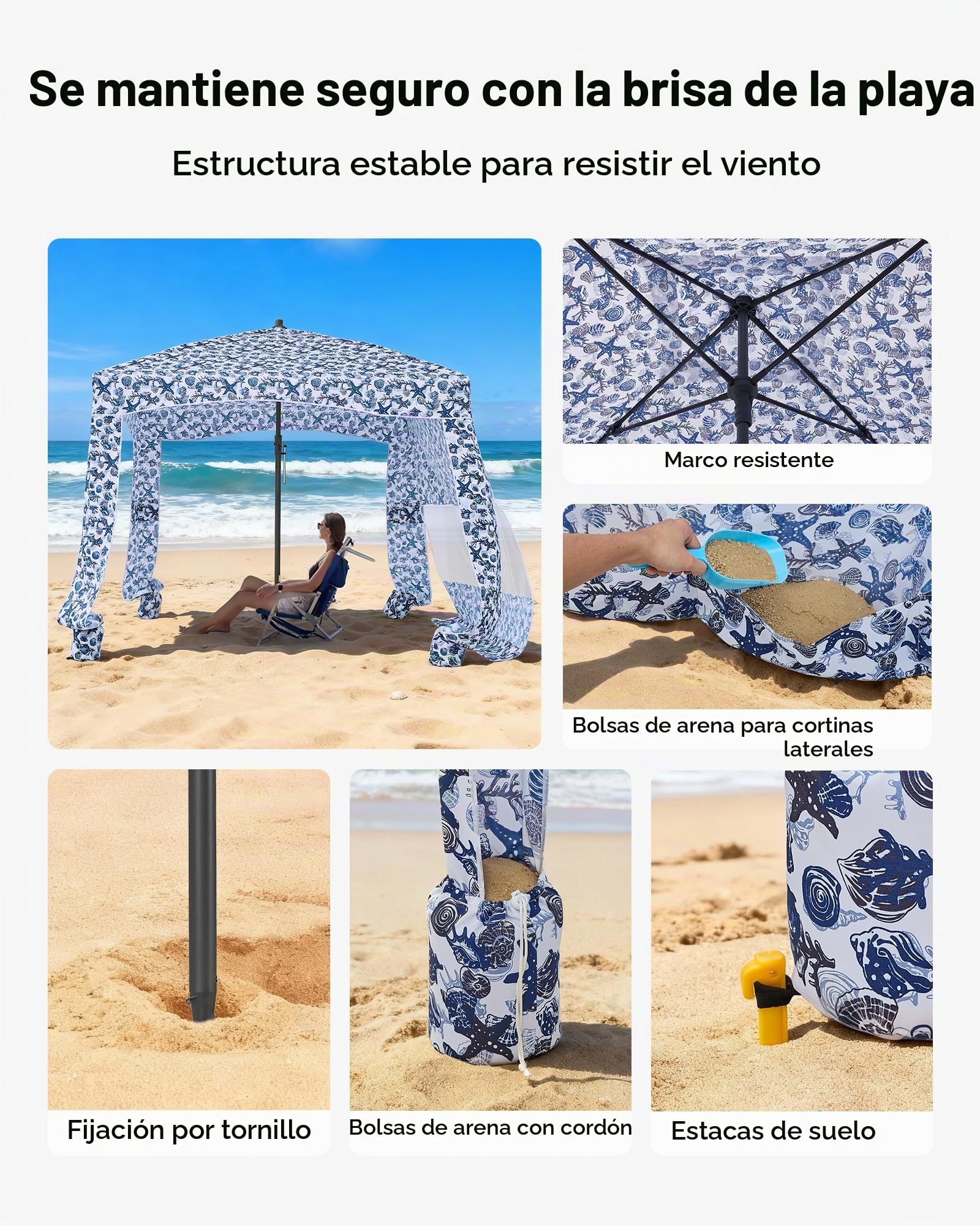 VEVOR Cabaña de Playa 183 x 183 cm, con Toldo Lateral, Protección Solar UPF 50+, con Sacos de Arena y Sombrilla Portátil Grande para Uso al Aire Libre en Familia y con Amigos, Rayas Azul Marino