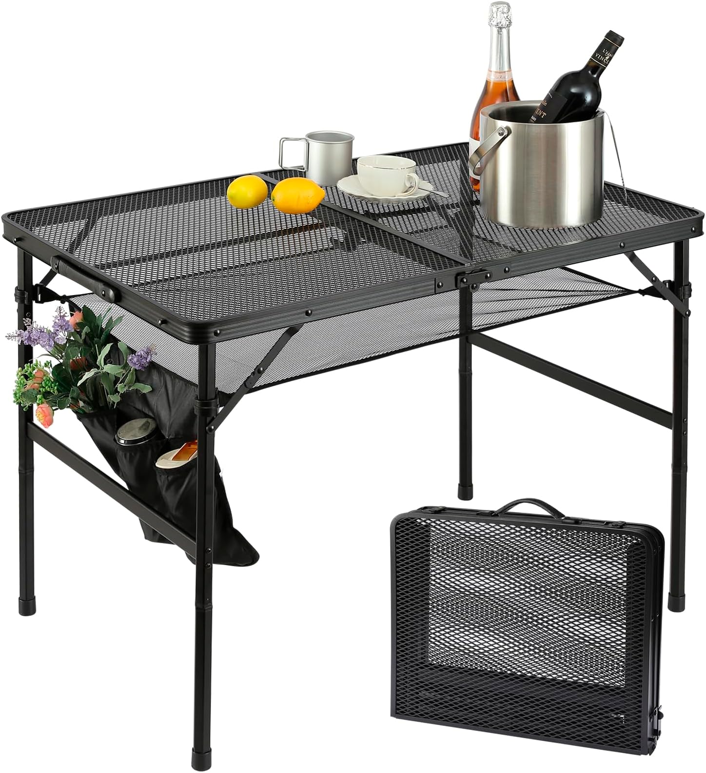 Folding Metal Camping Table with Mesh Layer, Lightweight Grill Table/Outdoor Table, 2 Adjustable Heights, Portable Metal Table for Camping Cooking, Medium Size (2.95ft, Black)