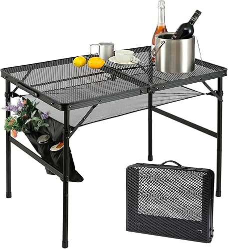 Mesa de camping plegable de metal con capa de malla, mesa de parrilla ligeramesa para exteriores, 2 alturas ajustables, mesa de metal portátil para