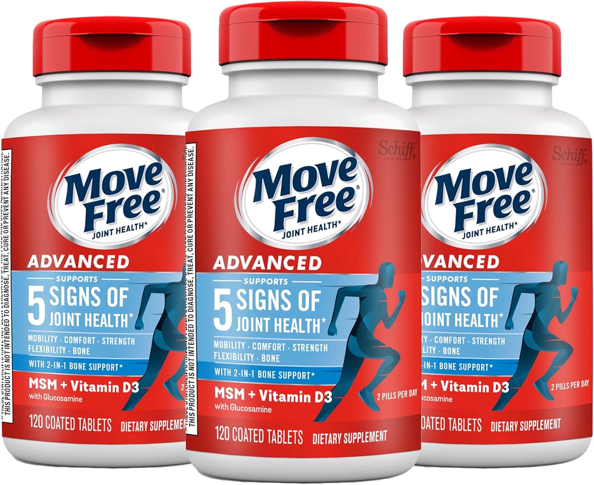 Move Free Advanced Glucosamine Chondroitin MSM + Vitamin D3 Joint Support Supplement, Supports Mobility Comfort Strength Flexibility & Bone + Immune Health - Tablet, 3x120ct Bottles (120 servings)* | Joint Support Supplement, Supports Mobility Comfort Strength Flexibility & Bone + Immune Health, 360 tablets (120 Servings)