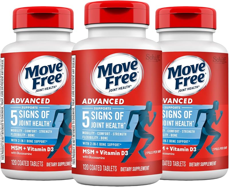 Move Free Advanced Glucosamine Chondroitin MSM + Vitamin D3 Joint Support Supplement, Supports Mobility Comfort Strength Flexibility & Bone + Immune Health - Tablet, 3x120ct Bottles (120 servings)* | Joint Support Supplement, Supports Mobility Comfort Strength Flexibility & Bone + Immune Health, 360 tablets (120 Servings)