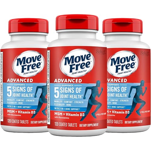 Move Free Advanced Glucosamine Chondroitin MSM + Vitamin D3 Joint Support Supplement, Supports Mobility Comfort Strength Flexibility & Bone + Immune Health - Tablet, 3x120ct Bottles (120 servings)*