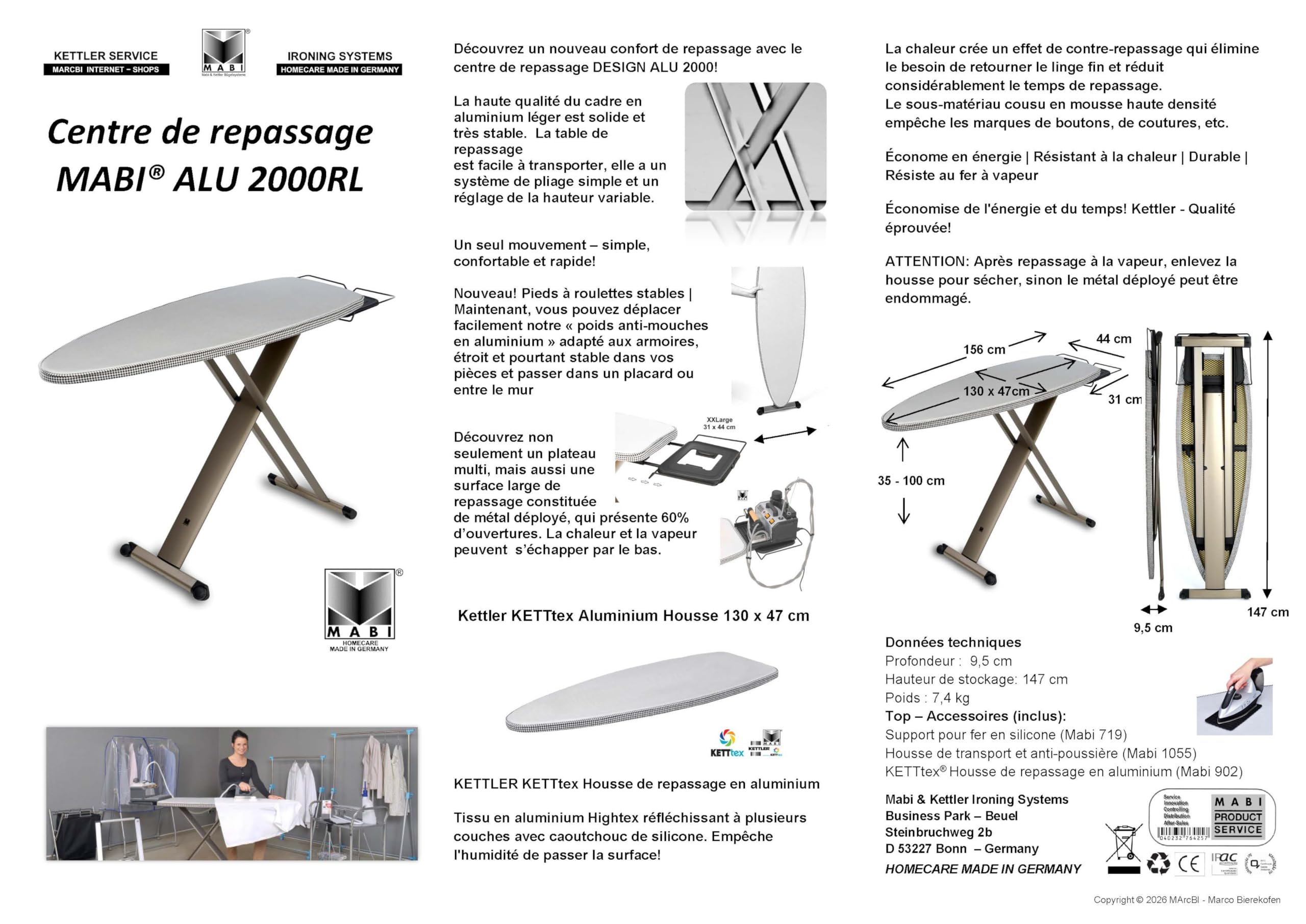 Mabi® 2000RL | Tabla de planchar profesional con superficie XXL 130×47 cm, muy estable, altura regulable y ruedas. | Con soporte XXL para plancha Homecare Made in Germany