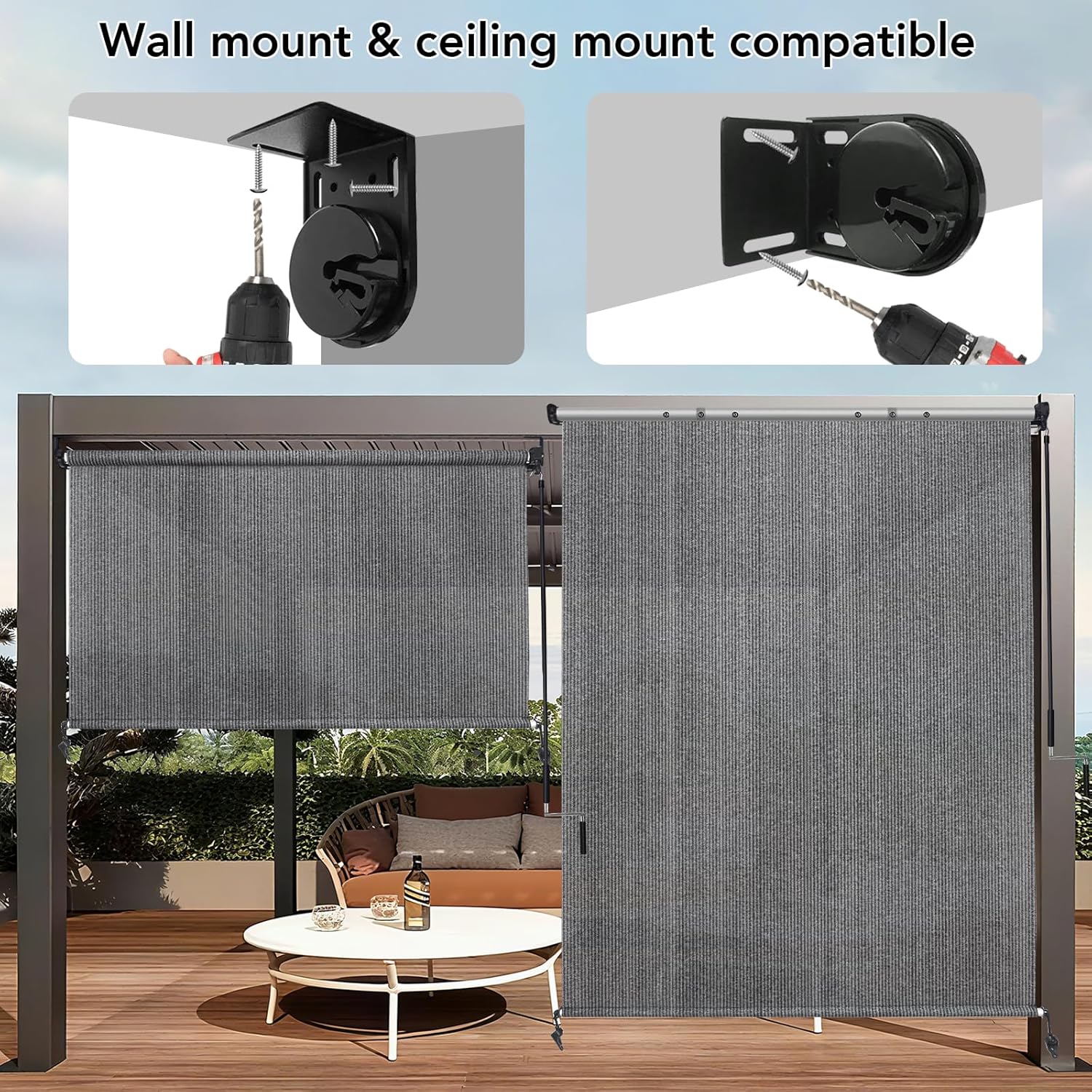 KANAGAWA 8'(W) x8'(H) Light Grey Outdoor Roller Shade - Cordless Exterior Roll Up Sun Shade for Patio, Pergola, Front Porch, Gazebo - Outdoor Blinds Screens for Patio