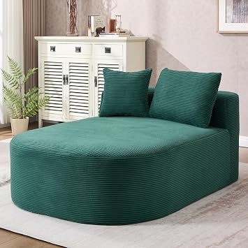 Corduroy Oversized Chaise Lounge Chair, 67.5" Boneless Couch Reading Chair, Deep Seat Comfy Couch with 2 Throw Pillows, No Assembly Required, Small Space - Green