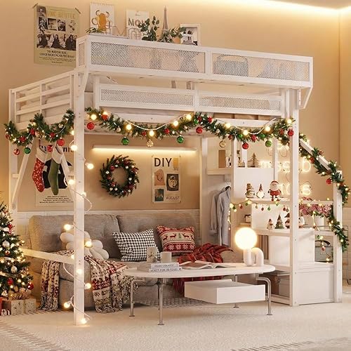 MoproBeti Full Loft Bed with Stairs, Metal Loft Beds Full Size with Storage Shelves, Adults Loft Bed with Wardrobe, Heavy Duty High Loft Bed for Teens, No Box Spring Needed, No Noise,White