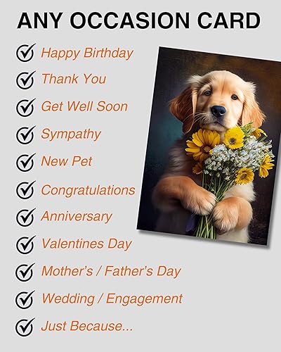 Miniatura 4 de Golden Retriever - Tarjeta de felicitación para todas las ocasiones, perro con flores de perros únicos, colección Party Delights, grande, 5 x 7