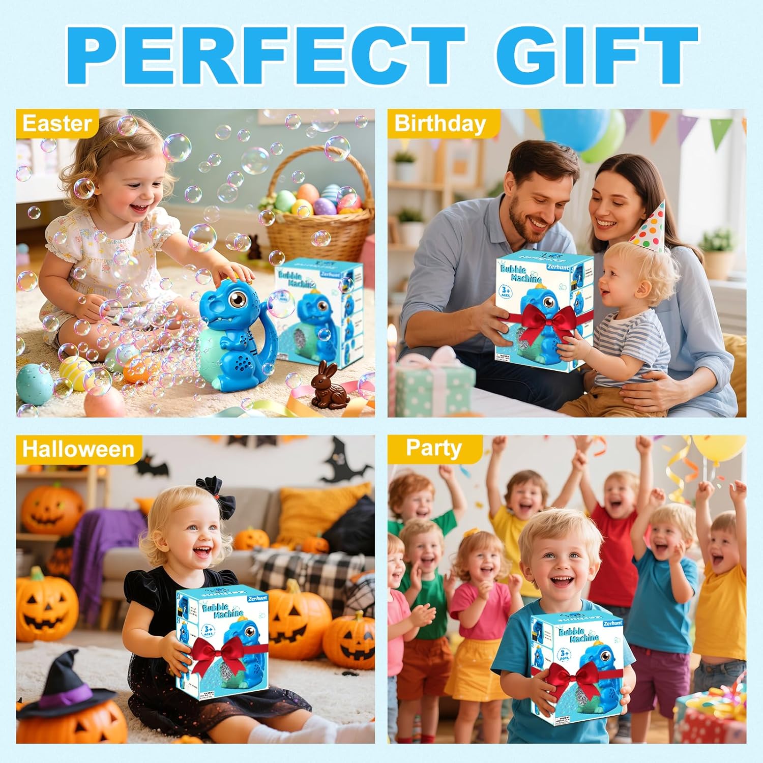 Zerhunt Dinosaur Bubble Machine for Toddler: Automatic Blower with Lights, Large 150ML Tank & Powerful Motor - Produces 15,000+ Colorful Bubbles/Min for Magical Party, Birthday
