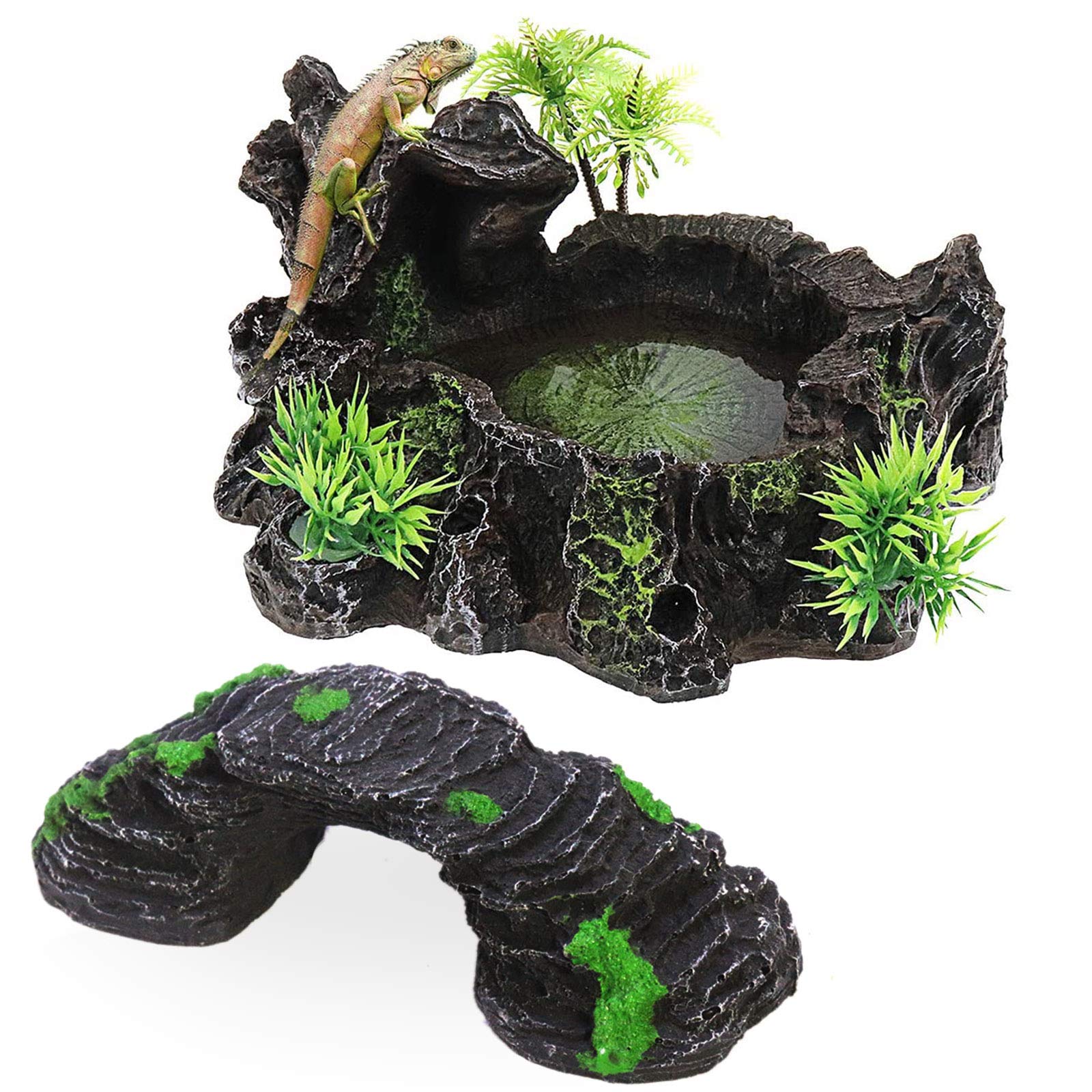 Reptile Tank Accessories Habitat Water Dish Tree Trunk and Artificial Arched Rock Bridge for Bearded Dragon Leopard Gecko Lizard Snake Chameleon Hermit Crab Ball Python Water Frog Turtle