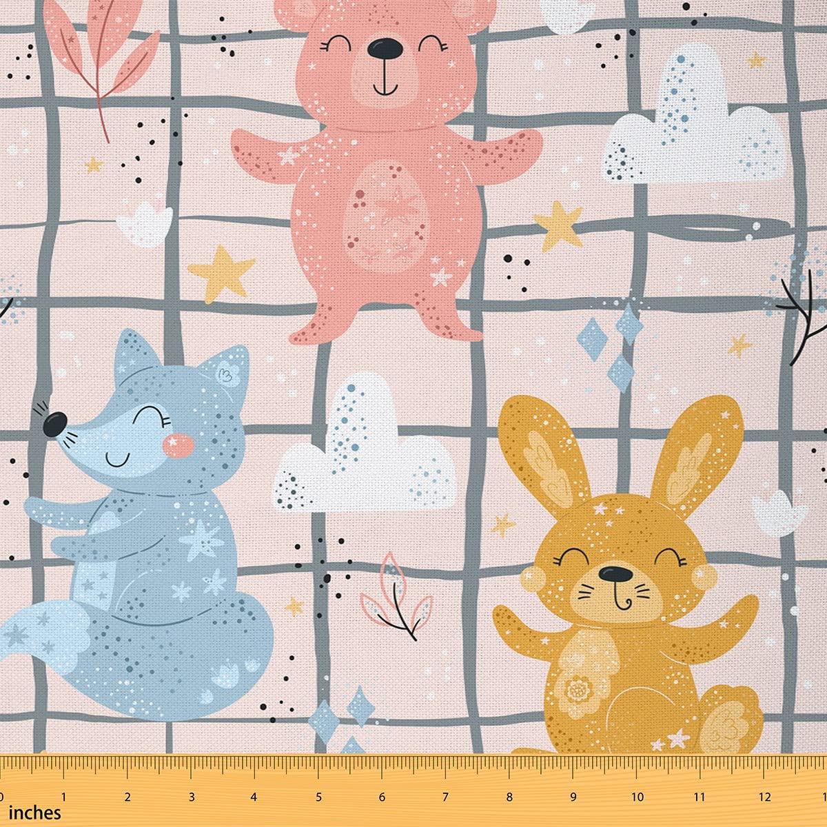 Tissu d'ours Kawaii au mètre - Motif renard, lapin, animaux sauvages, loisirs créatifs, graffiti, étoile de mer, étoile de mer, grise, grille décorative pour tapisserie et décoration d'intérieur, 2,7