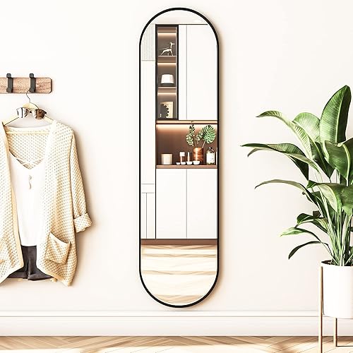 Miniatura 7 de SUPPNEED Espejo ovalado, espejo de baño ovalado de 15.7 x 59 pulgadas, espejo de marco de metal, espejo de tocador negro para sala de estar, baño,