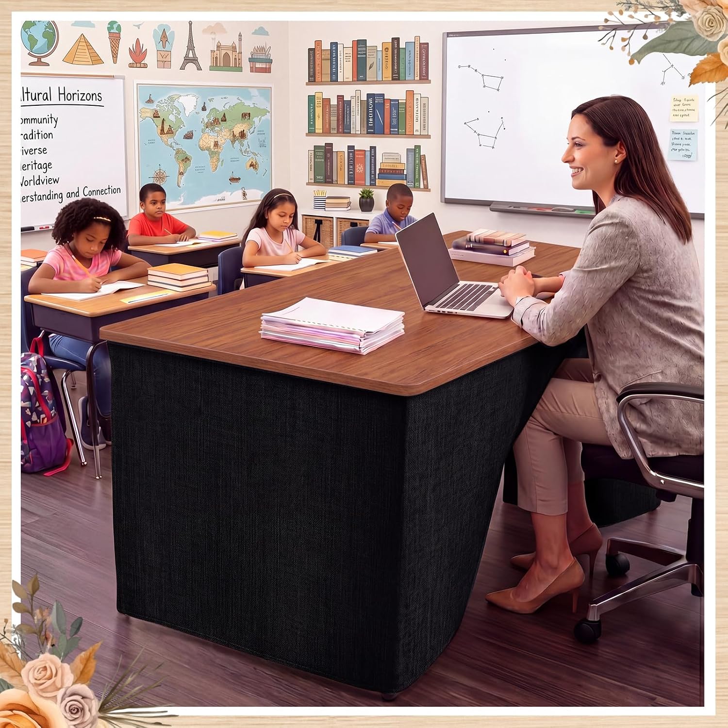 Tingjoo 6 ft Teacher Desk Skirt, Table Skirt for Classroom, Black