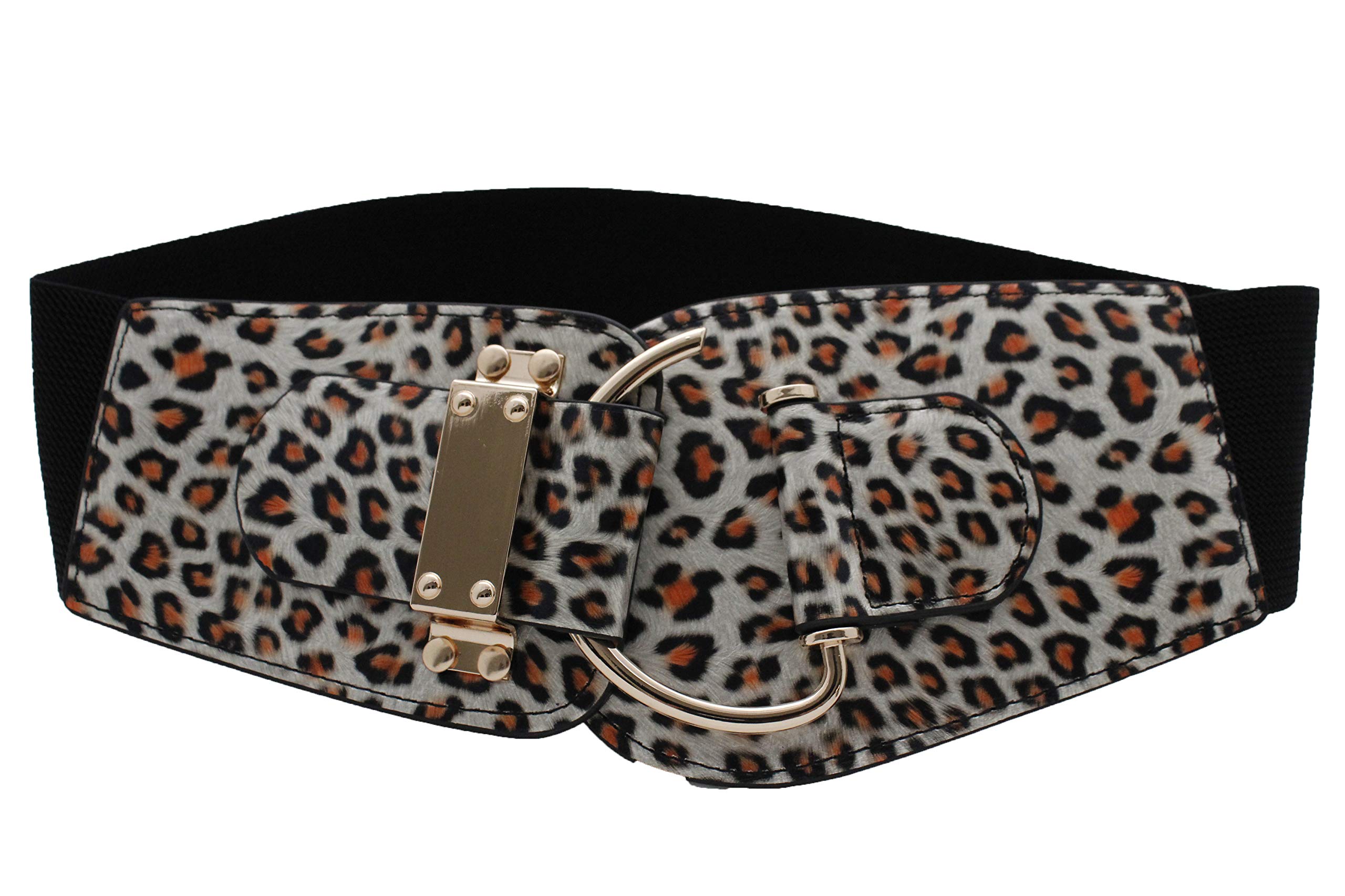 TFJ Women Fashion Elastic Belt High Waist Hip Gold Hook Buckle Plus L XL Leopard