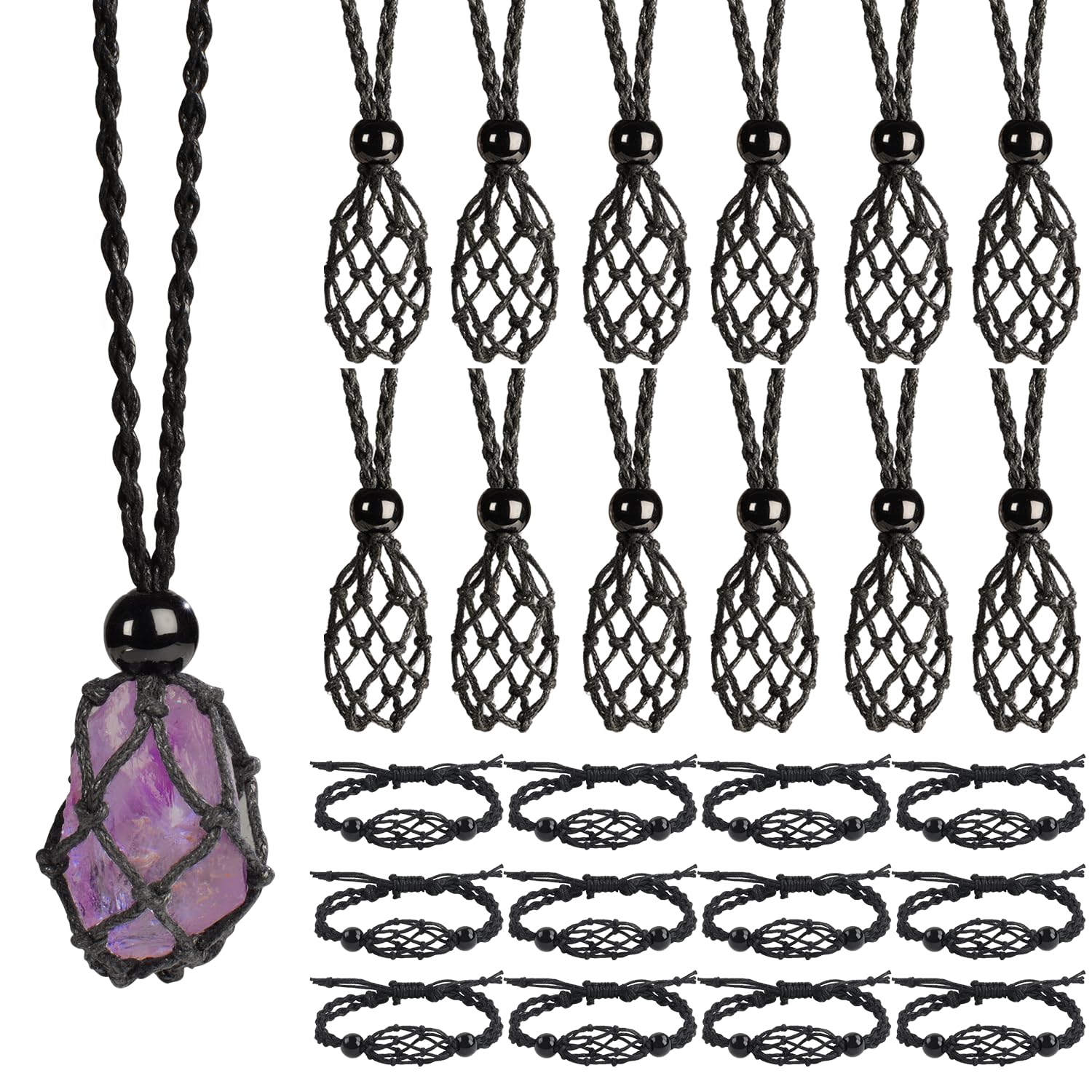 LERSUSI 24 PCS Crystal Necklace Gemstone Bracelet Adjustable Crystal Necklace Pendant Cord Hand Woven Ropes for Jewelry Making (Black Set)