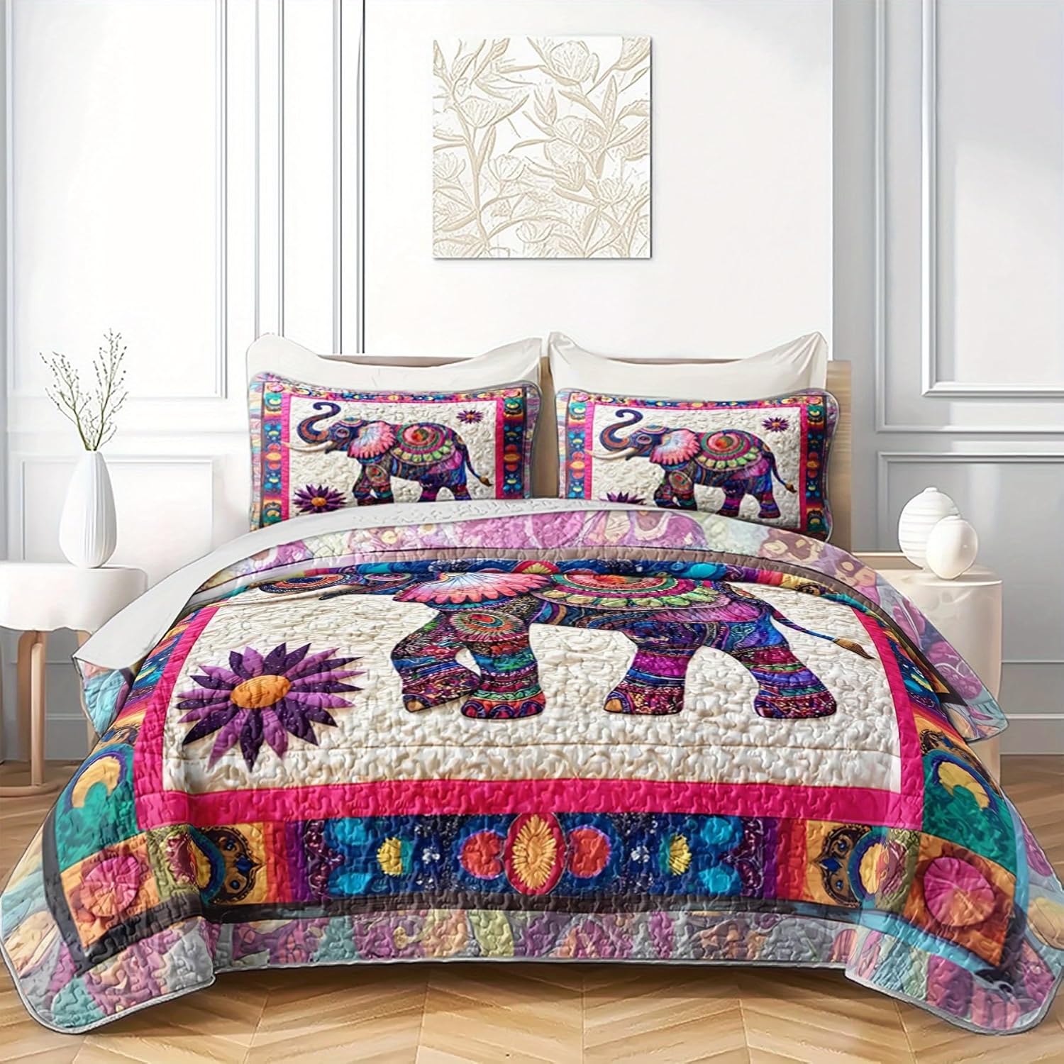 Mandala Elephant Quilt Bedding Set Queen Size for Kid Teen Room Decor,Bohemian Vintage Bedspread Sets Bedding Queen Size,Bohemian Elephant Bed Cover for Boys and Girls Bedroom Decor - Image 3