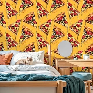 Peel and Stick Wallpaper Pizza Slices Melting Cheese Pepperoni Olives Yellow Wall Contact Paper 17.7"x118" Waterproof Self Adhesive Vinyl Covering for Bathroom Kitchen Decor