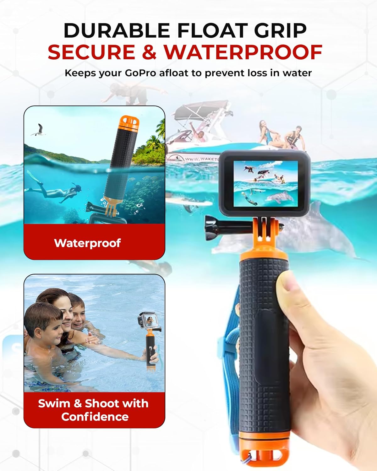 REFLEX CAMERA Waterproof Floating Hand Grip Compatible with Gopro Hero 13/12/11/10/9/8, Akaso, Insta360 & DJI Osmo & Other Action Cameras. Great Floating Handle with Anti Slip Grip & Wrist Strap