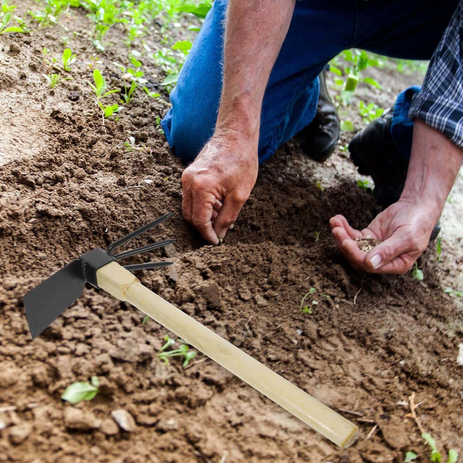 Baluue Hoe Garden Tool, Multifunctional Dual Headed Hoe, Stainless Steel and Cultivator, Wood Handle Double Sided Cultivator Tool for Digging Loosening Soil Weeding