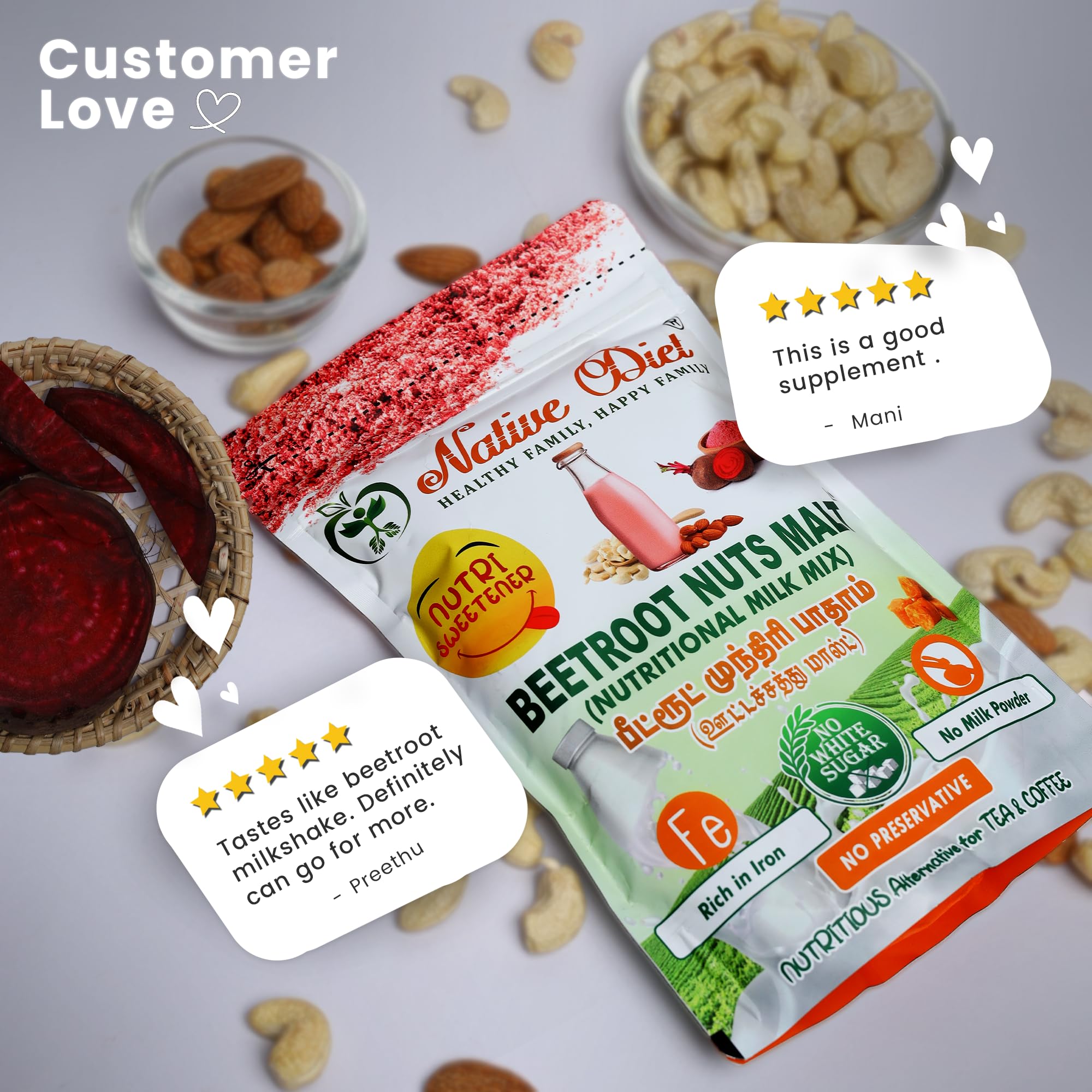 Native Diet Beetroot Malt|Nutritional Milk Mixes|Glow Naturally|Vegan Friendly|Stamina & Immunity Boost|All Natural Ingredients|Traditional Wellness In a Cup|Healthy Drink ((250 * 2)-500,Beetroot) - Image 7 thumbnail