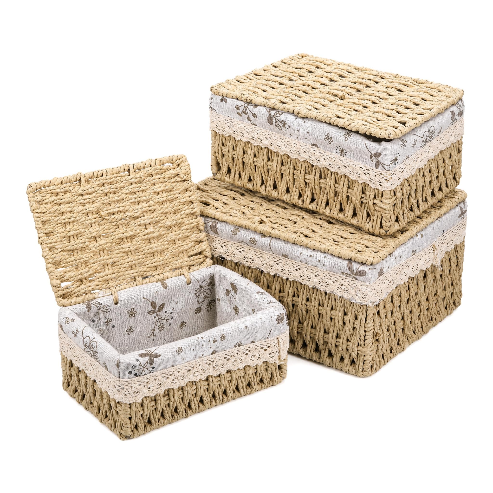 3 pcs Handwoven Storage Baskets with Lids, Space-Saving Wicker Bathroom Woven Storage Basket 3 Sizes Natural Paper Rope Changing Basket Removable Lined Hamper Baskets for Shelves Bedroom Living Room B