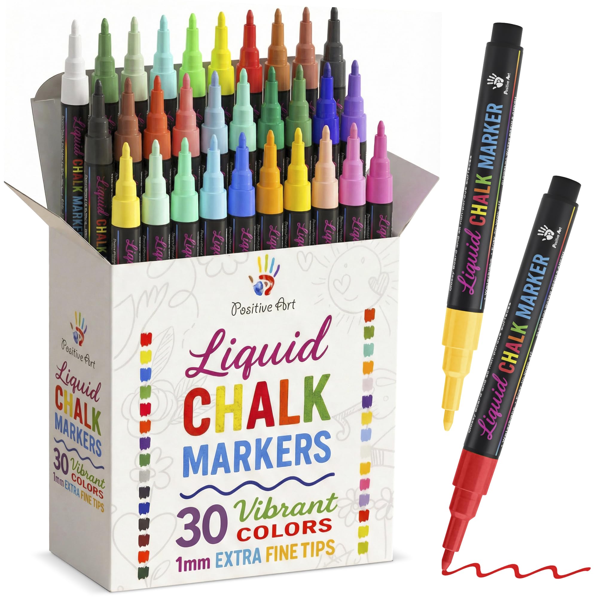 Positive Art Extra Fine Tip Liquid Chalk Markers - 30 Colors - Washable Colored Chalk Pens for Blackboard