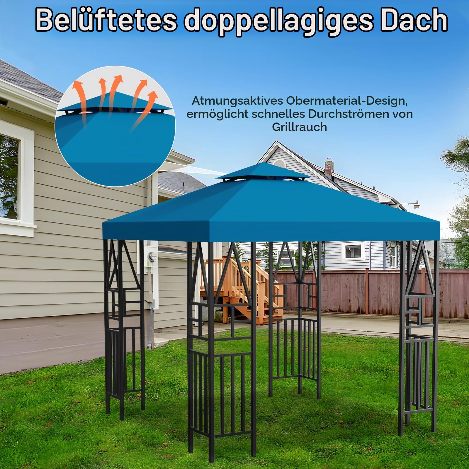 Pavillon Ersatzdach 3x3M Wasserdicht, UV-beständig, Doppellagig mit Belüftung, 12 Fest Integrierten Klettbändern, Hochdichtes Polyesterdach für Gartenpavillon, Grillpavillon oder Partyzelt (Blau)