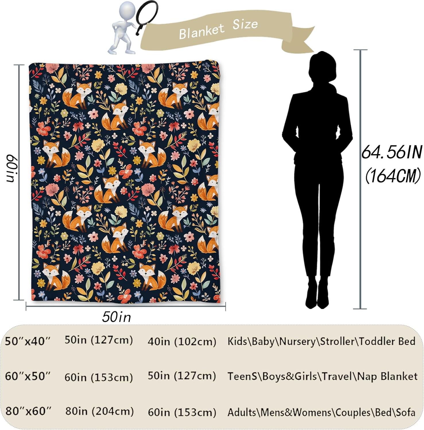 Cute Fox Blanket, Soft Flannel Throw Blanket for Couch, Bed, Travel, Living Room & Home Decor, Cozy Lightweight Warm Fluffy Fuzzy Blankets for Adults Kids Women 60×50 in - Image 3