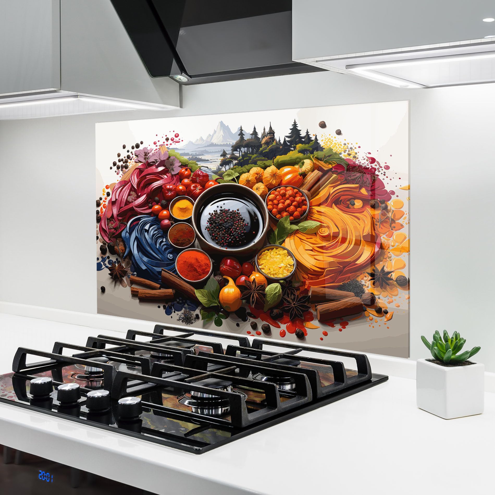 ARTHUB® Crédence de Cuisine en Verre 60x100 cm, Spices Village | Protection Contre Les éclaboussures, Revêtement Mural en Carreaux, Plaque en Verre, Verre trempé, Aliments, Épices