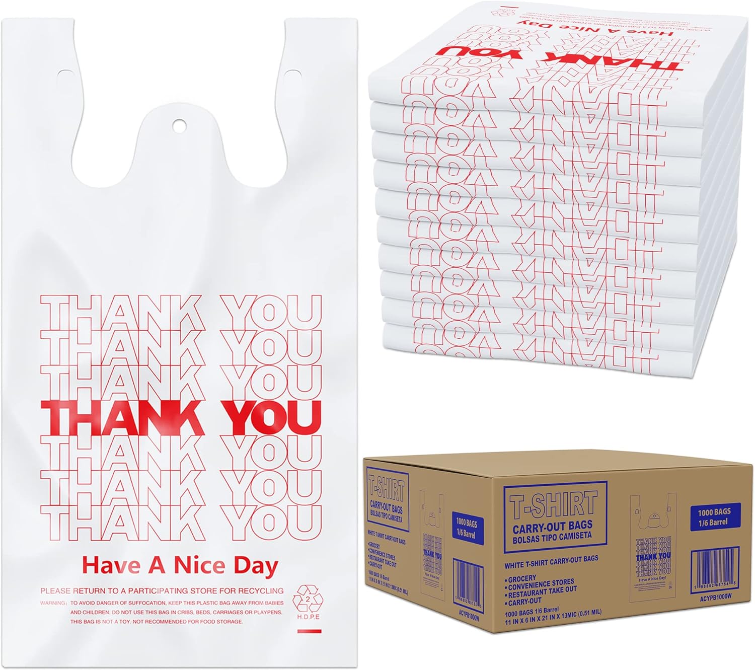 ACYPAPER, Thank You T-Shirt Bags (1000 Count), Plastic – T-Shirt Plastic Bags in Bulk – (11″ x 6″ x 21″) White/Thank You – Bulk Shopping Bags, Restaurant Bag – 1/6 Barrel